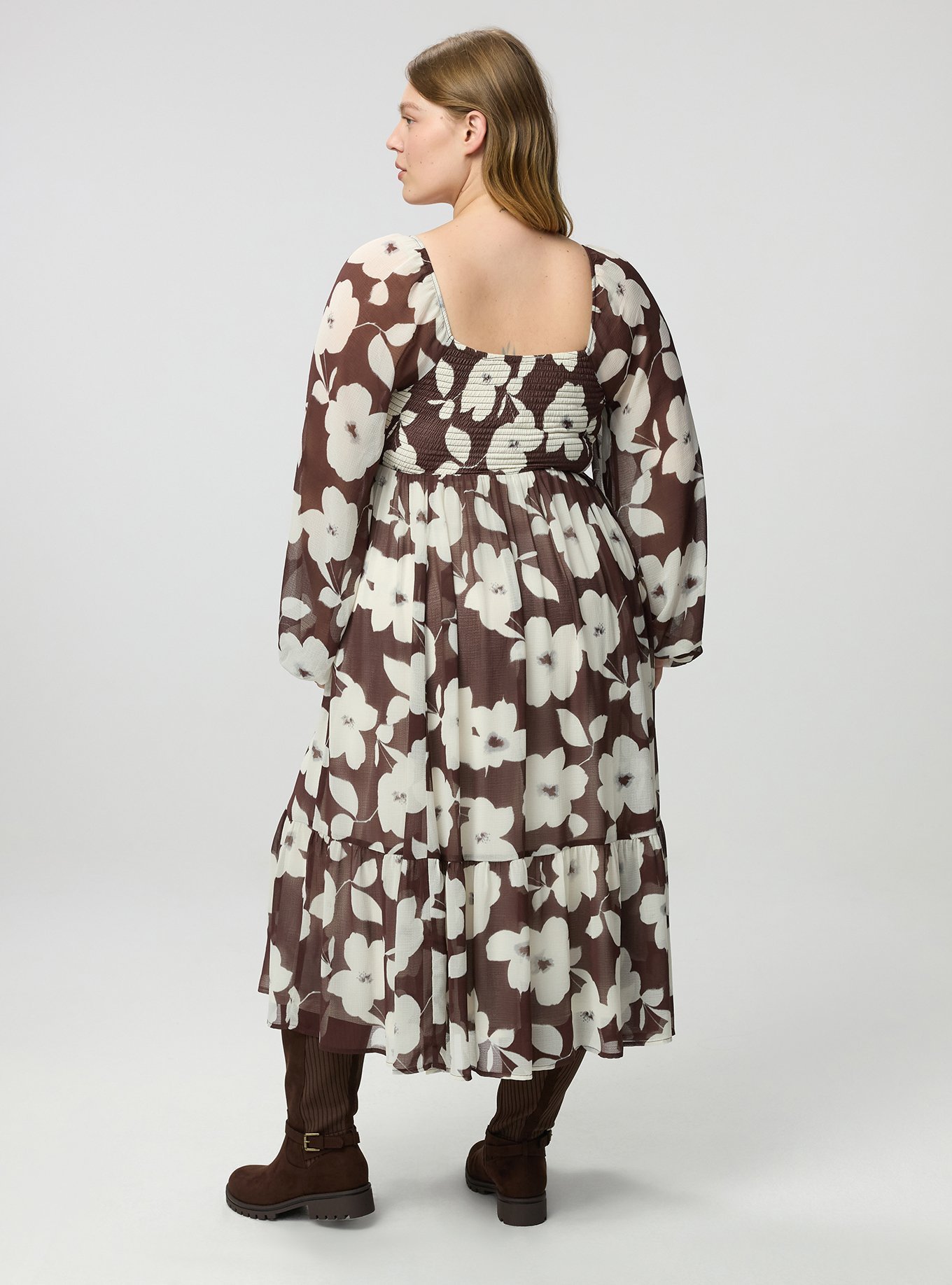 Smocked Bodice Tiered Midi Dress, LANCE FLORAL BROWN, alternate