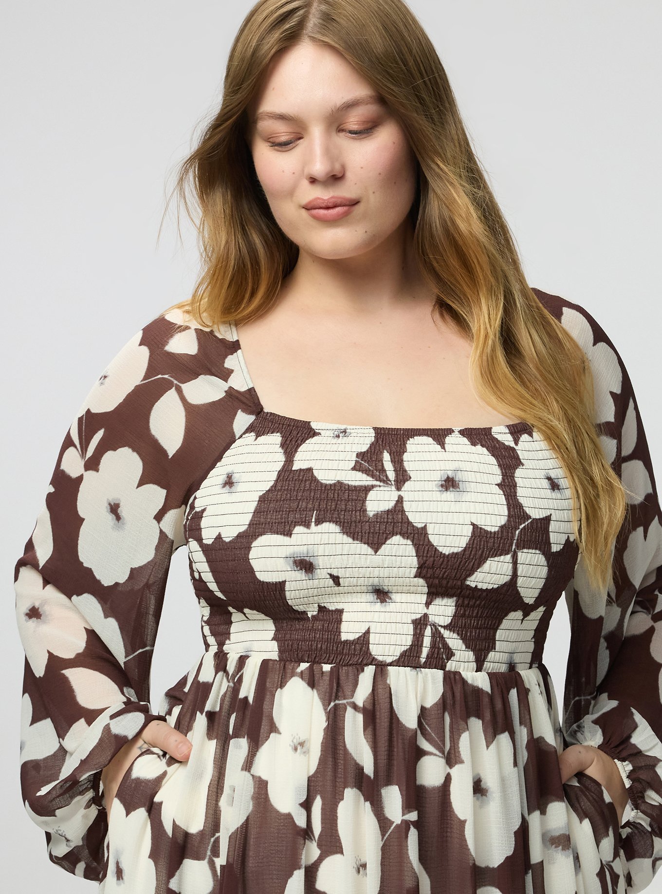 Smocked Bodice Tiered Midi Dress, LANCE FLORAL BROWN, alternate