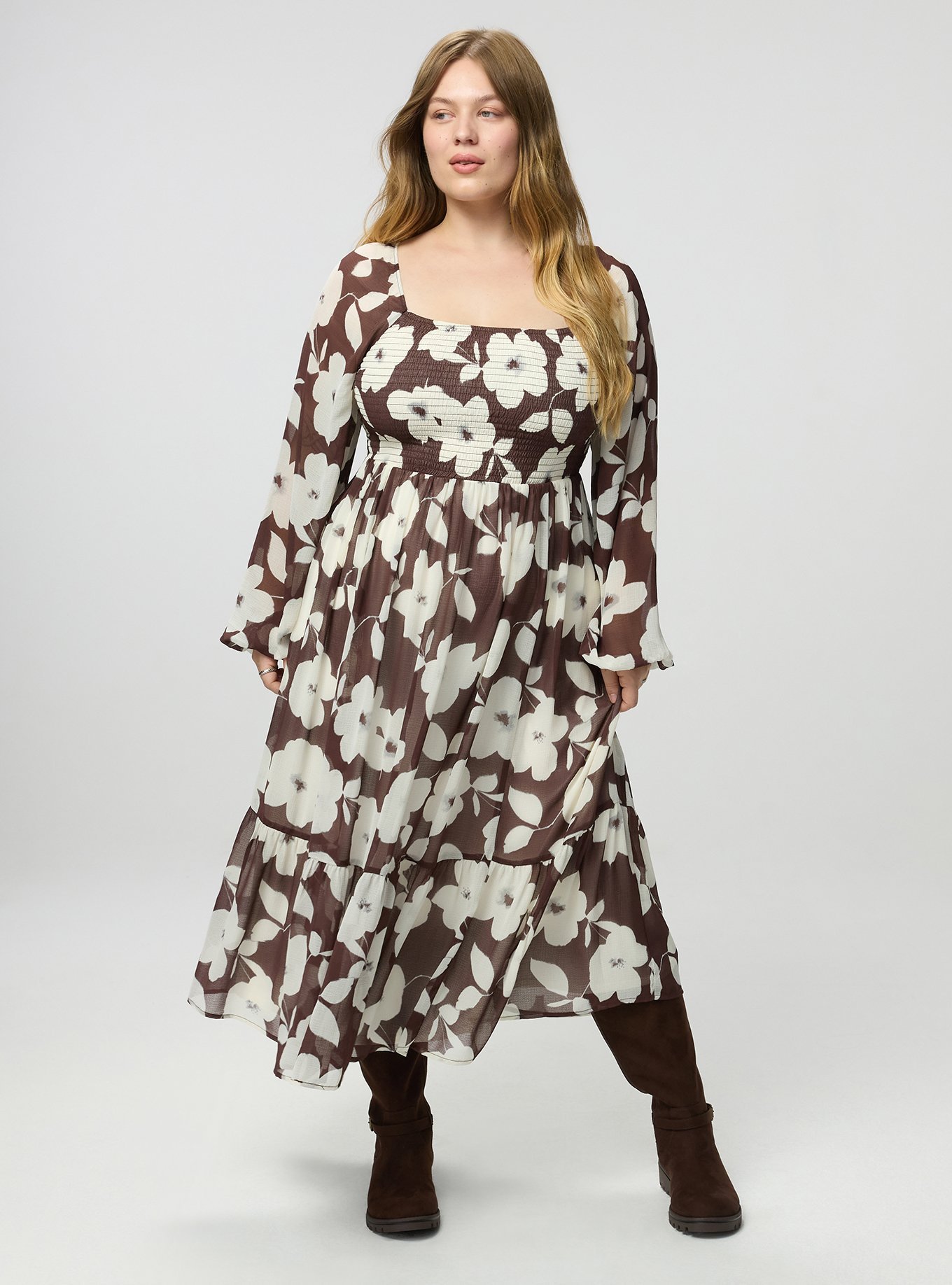 Smocked Bodice Tiered Midi Dress, LANCE FLORAL BROWN, alternate