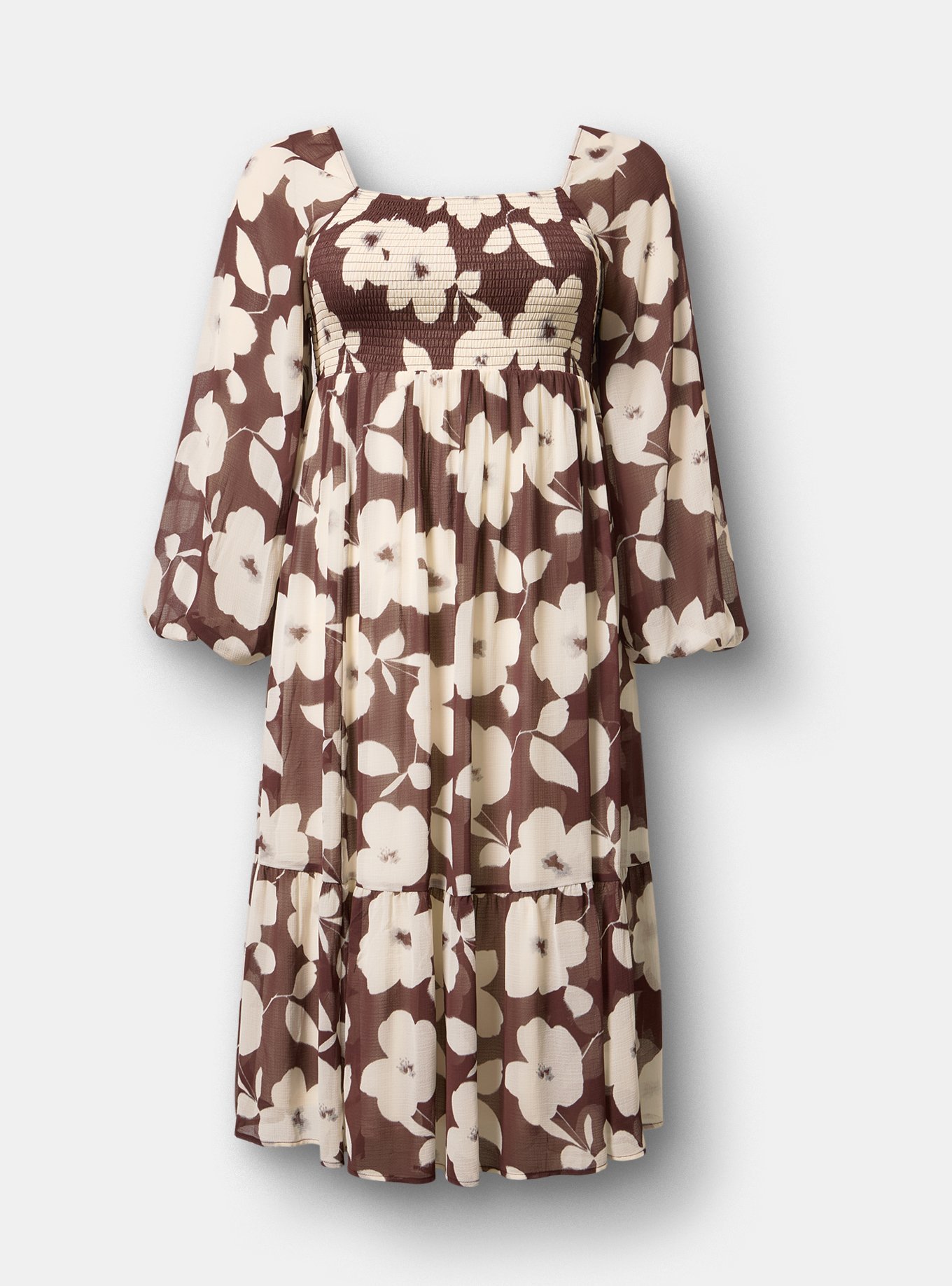 Smocked Bodice Tiered Midi Dress, LANCE FLORAL BROWN, hi-res