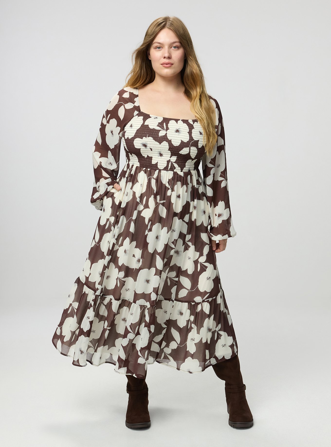 Smocked Bodice Tiered Midi Dress, LANCE FLORAL BROWN, hi-res