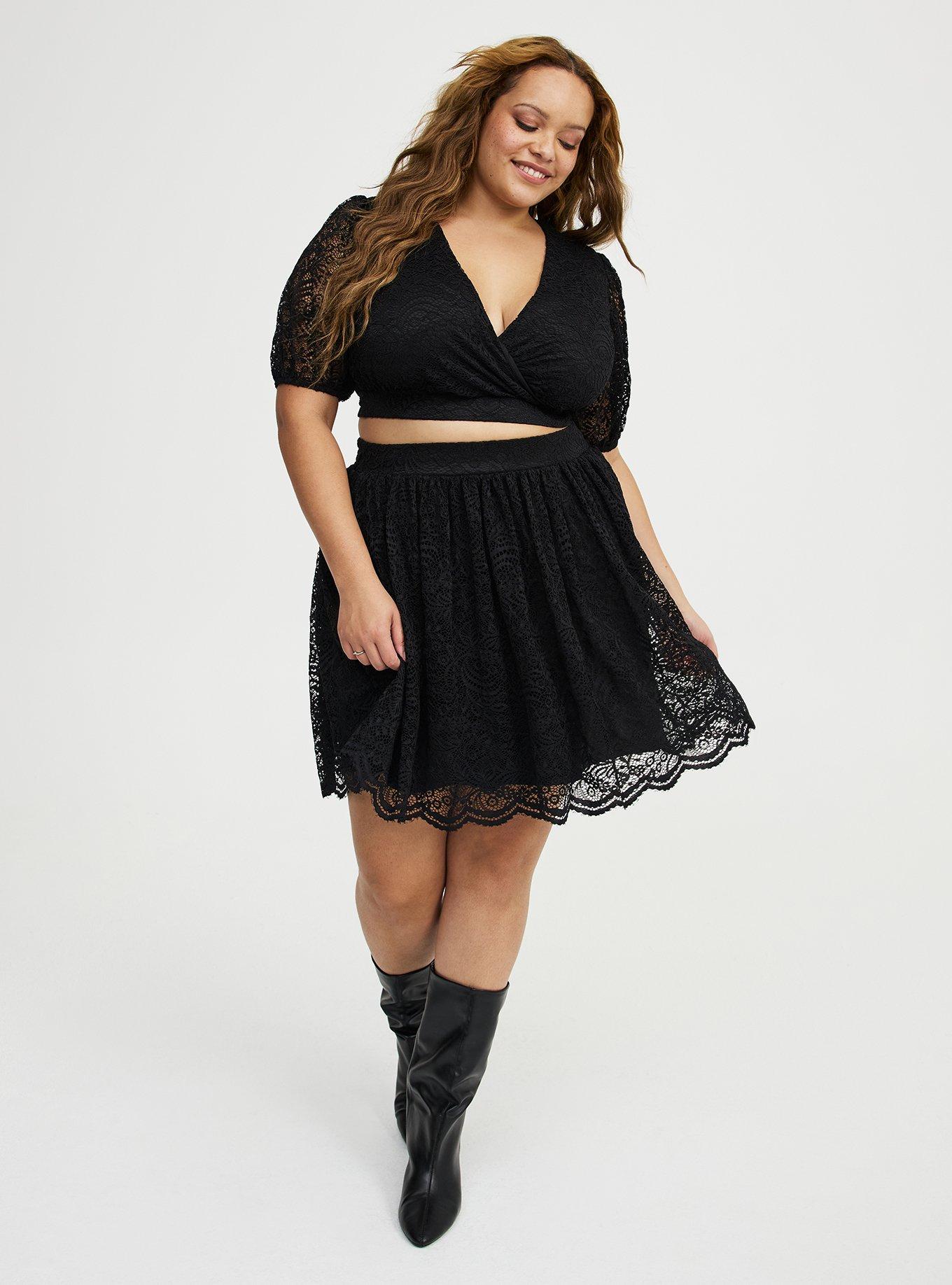 Plus Size Surplice Mini Skirt Set, DEEP BLACK, hi-res