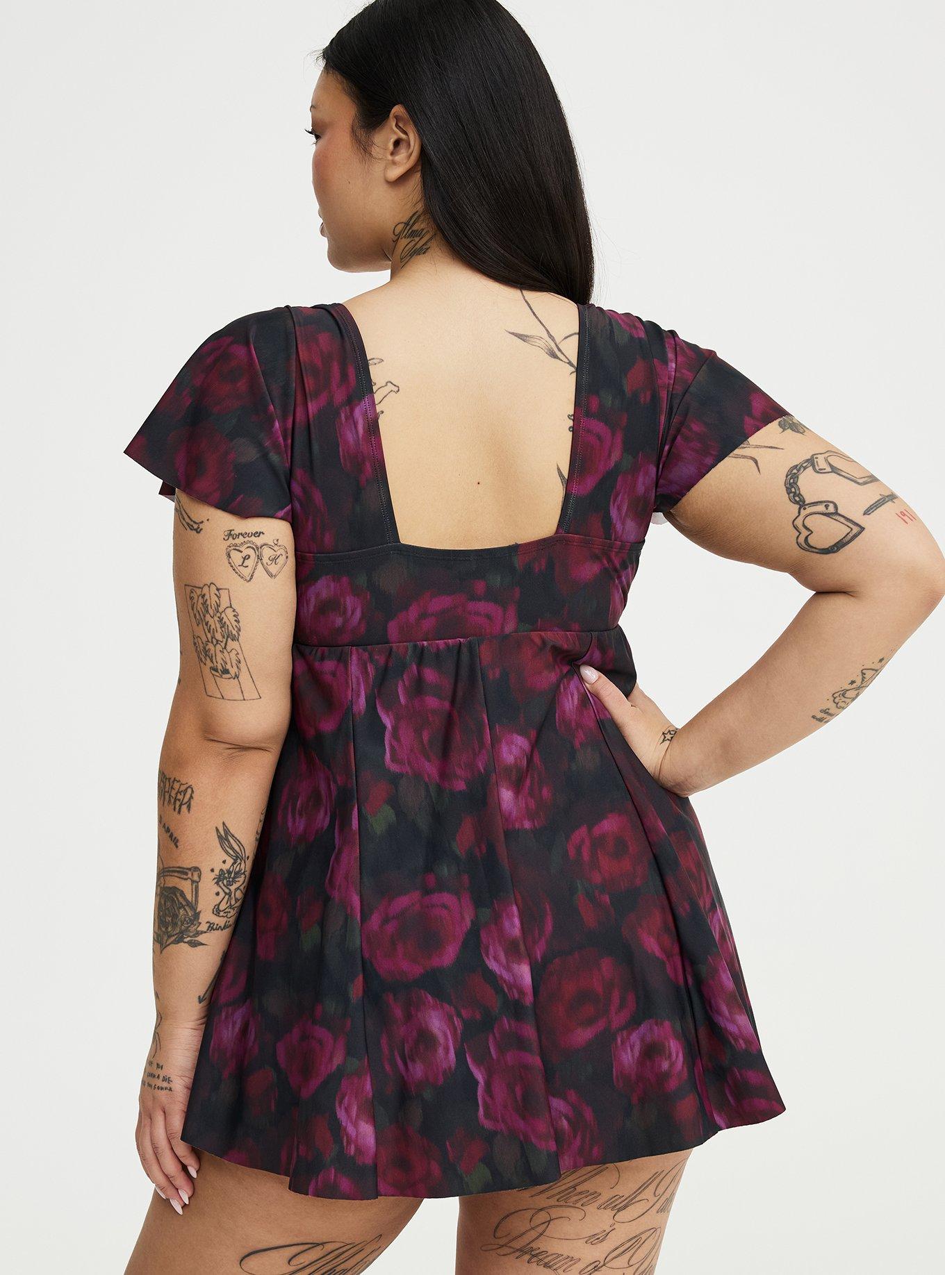 Women's Keyhole Flutter Sleeve Fit & Flare Swim Dress In Blurred Roses Black, Size 18/20, Plus Size By Torrid