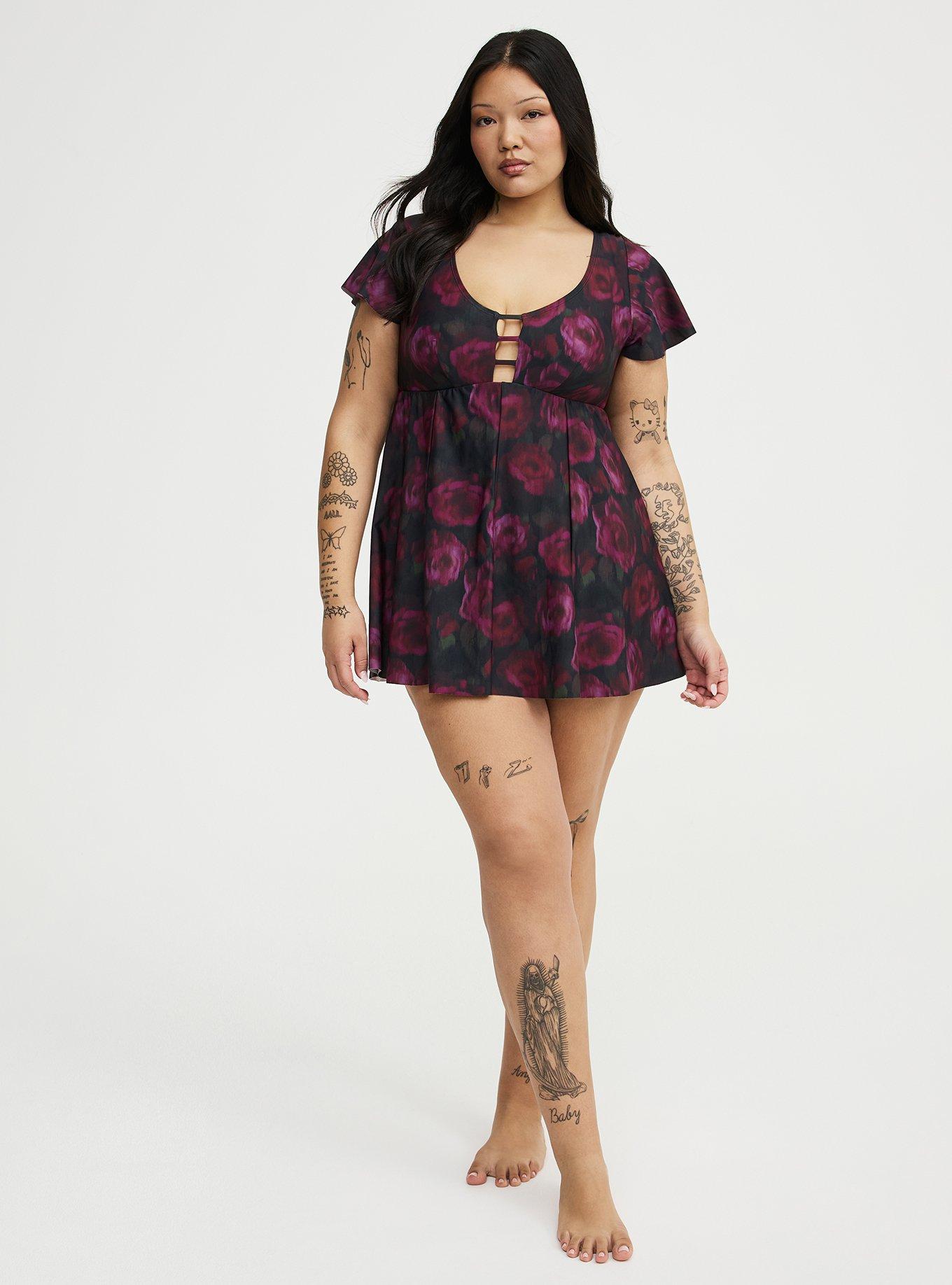 XO Flutter Sleeve Fit & Flare Swim Dress, BLURRED ROSES BLACK, alternate