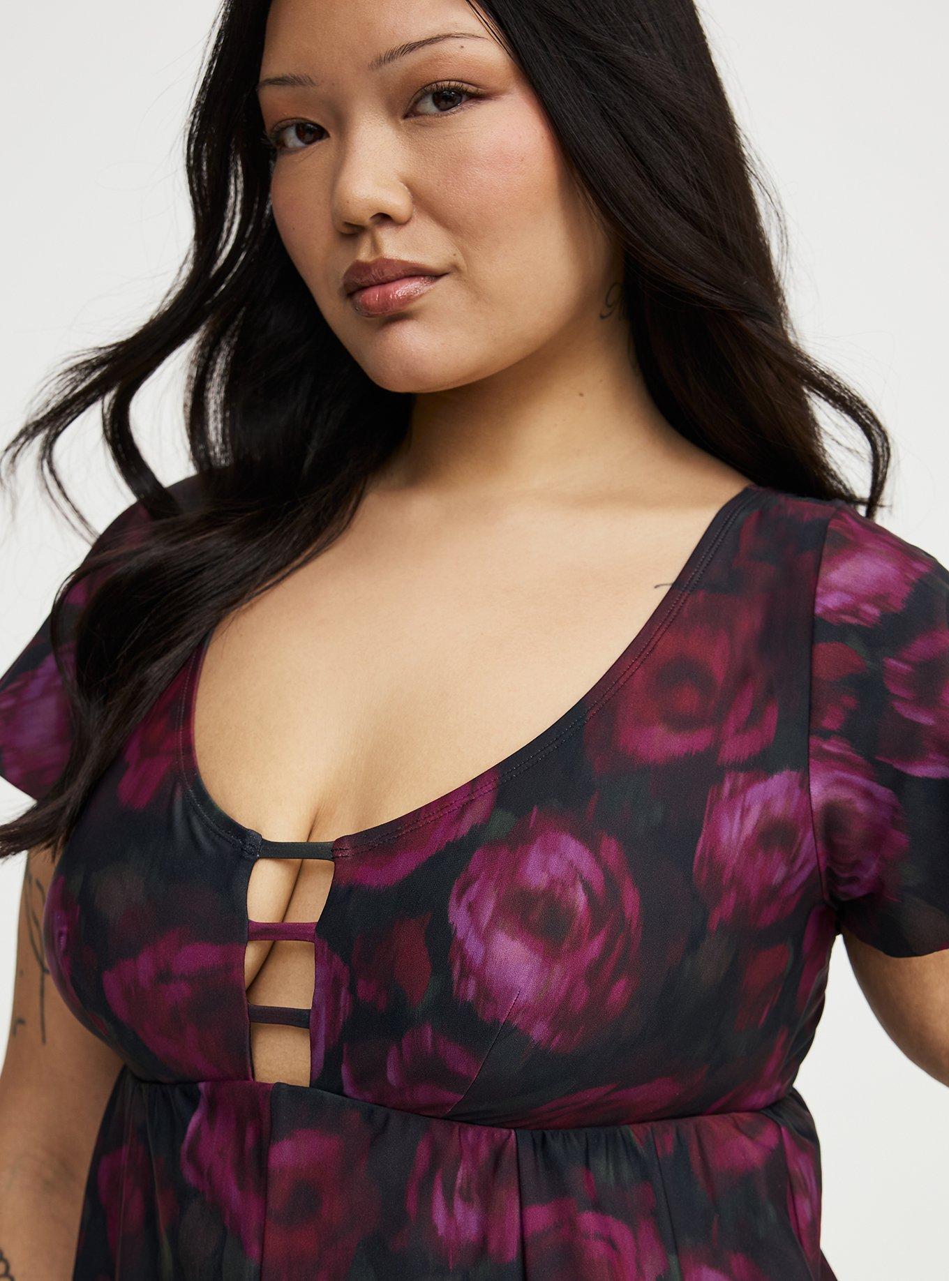 Women's Keyhole Flutter Sleeve Fit & Flare Swim Dress In Blurred Roses Black, Size 18/20, Plus Size By Torrid