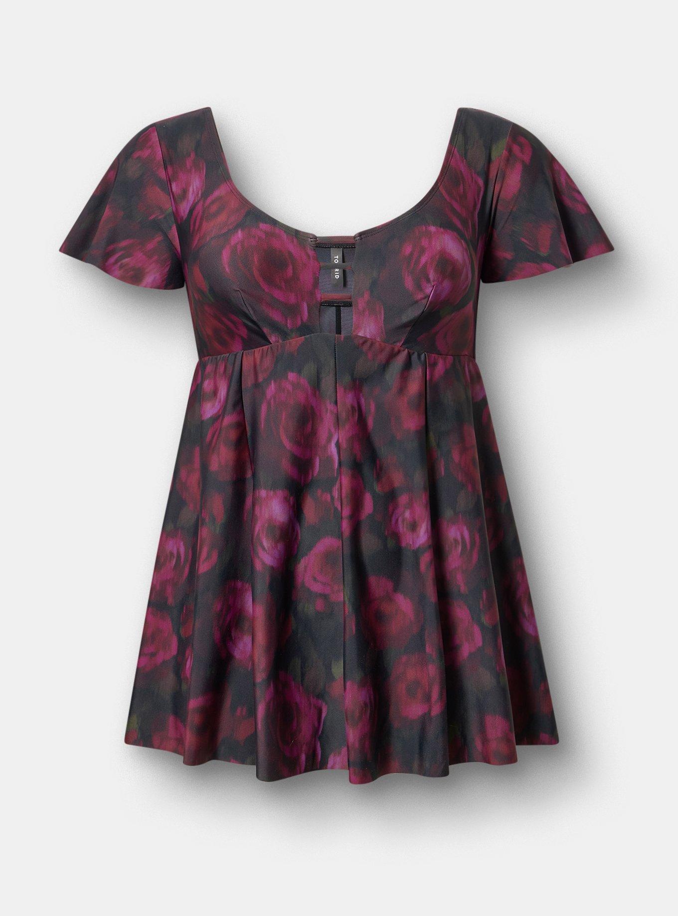 XO Flutter Sleeve Fit & Flare Swim Dress, BLURRED ROSES BLACK, hi-res