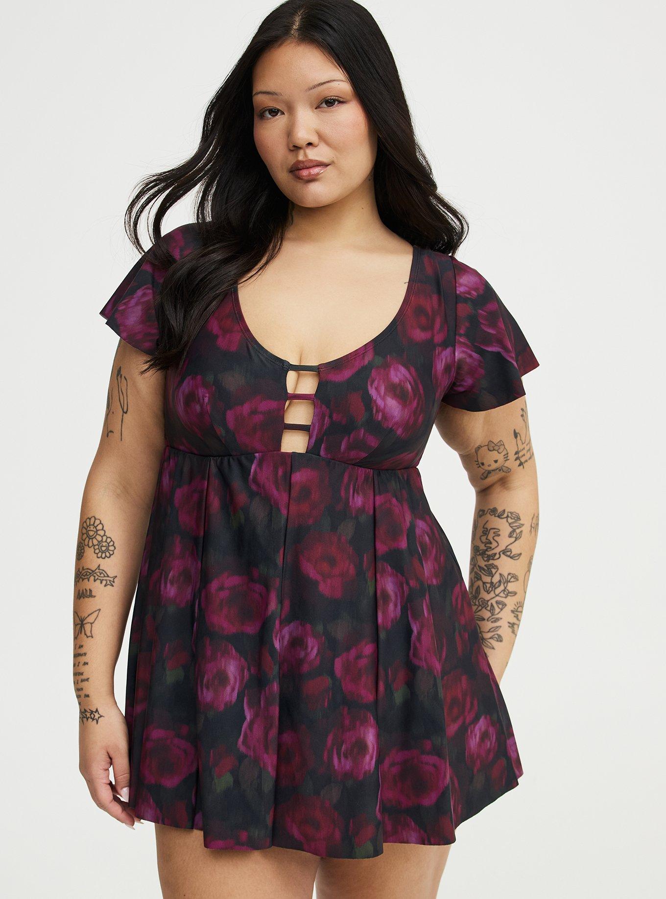 Plus Size XO Flutter Sleeve Fit & Flare Swim Dress, BLURRED ROSES BLACK, hi-res