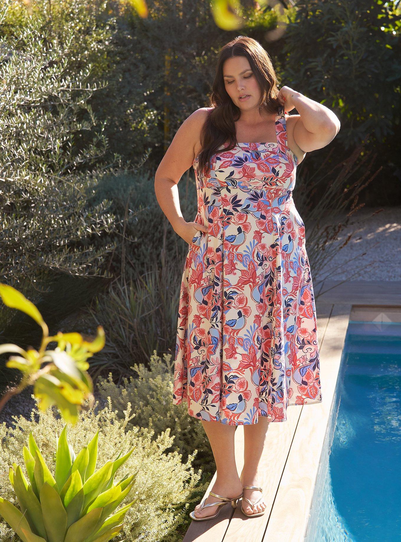 Plus Size Belle Isle Smocked Back Midi Dress, JAVA LEAVES MULTI, hi-res