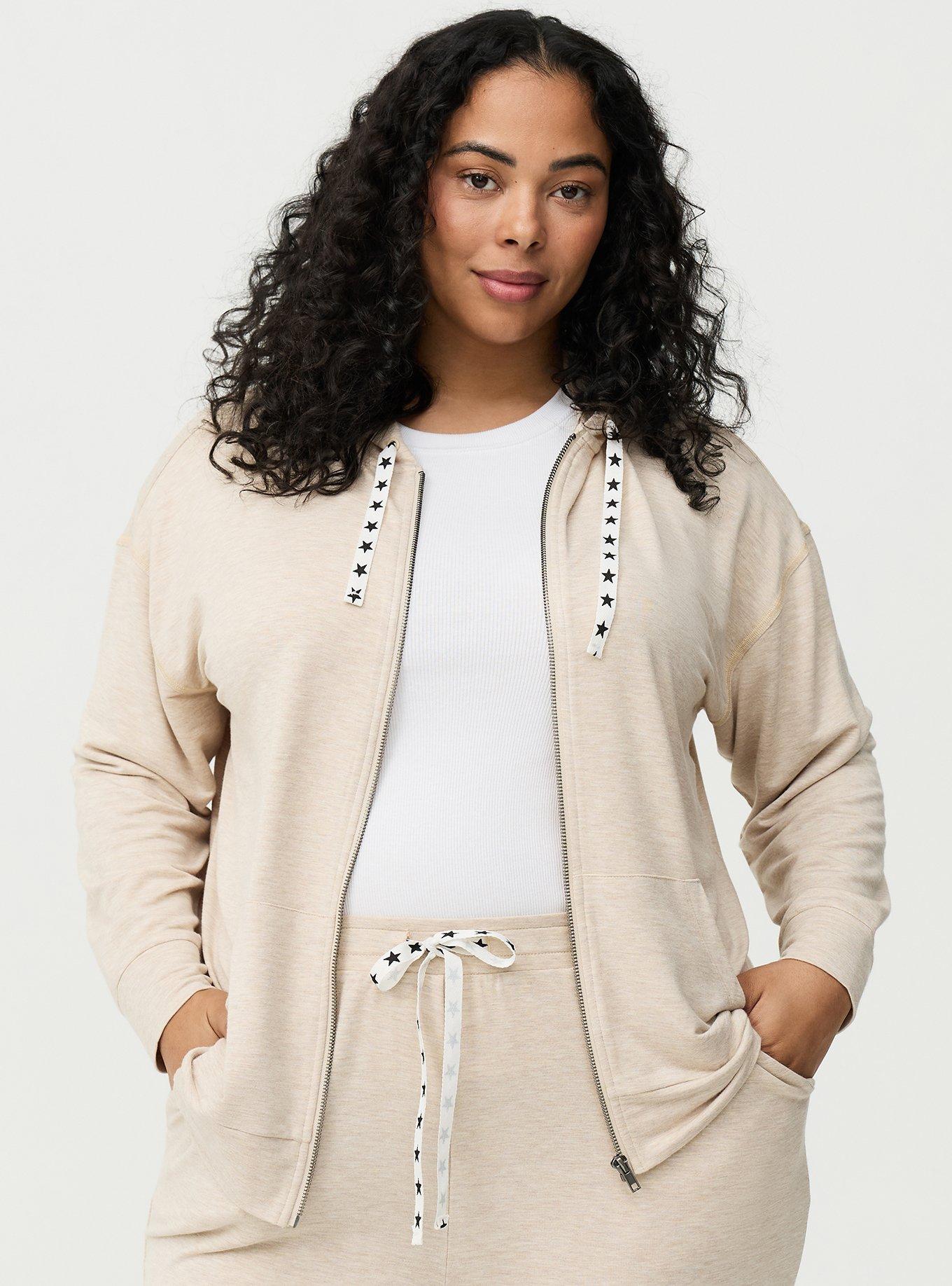 Plus Size Light Weight French Terry Zip-Up Lounge Hoodie, WARMER OATMEAL, hi-res