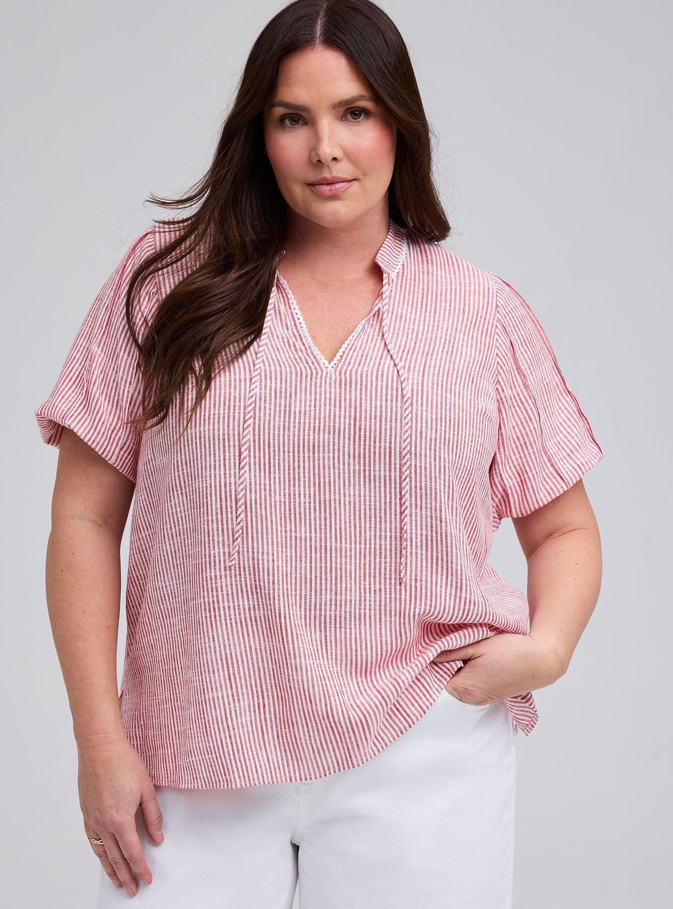 Plus Size Belle Isle Balloon Sleeve Blouse, TIPPING STRIPE RED WHITE, hi-res