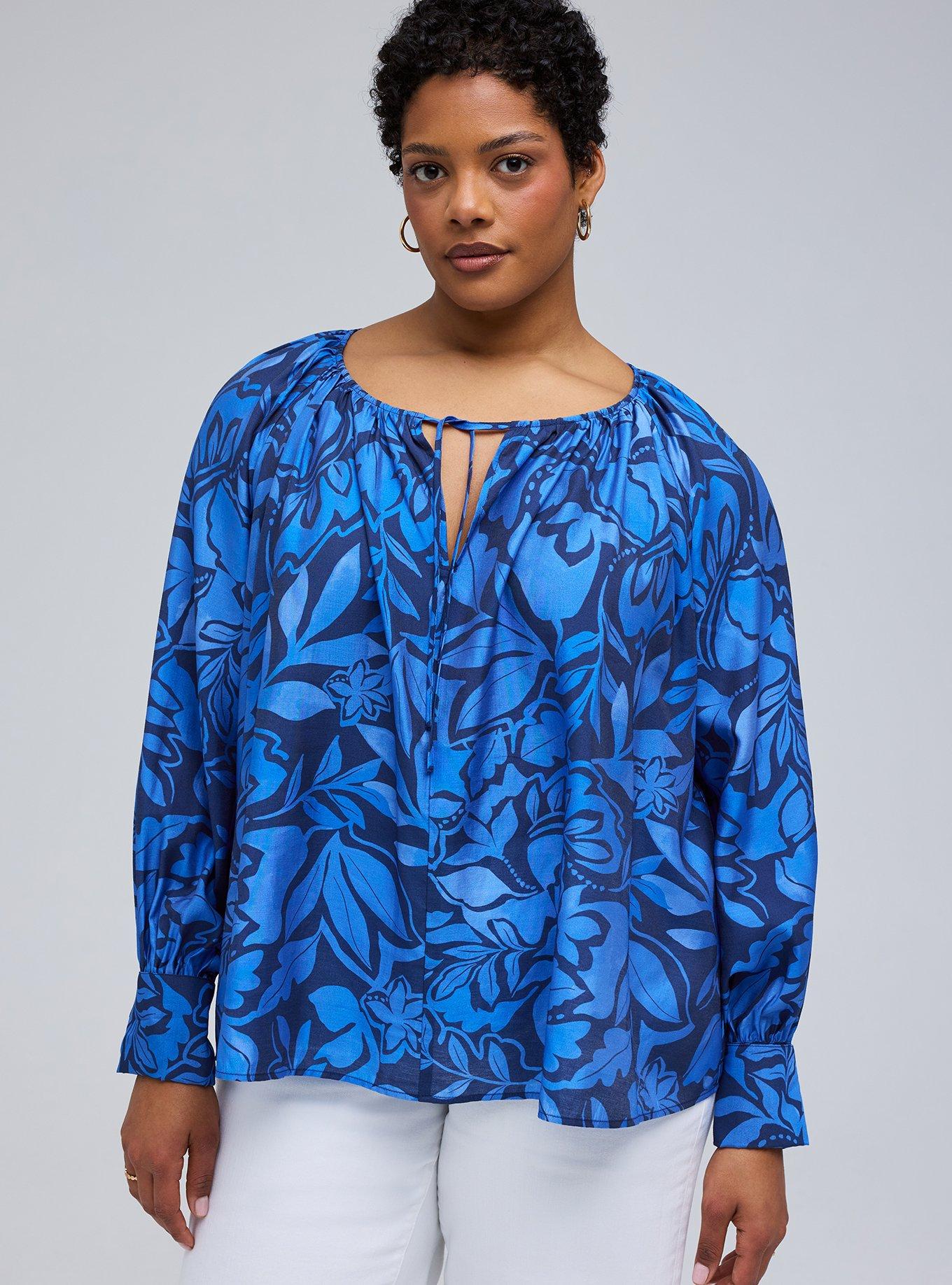 Belle Isle Peasant Blouse, VEDADO LEAVES BLUE, hi-res