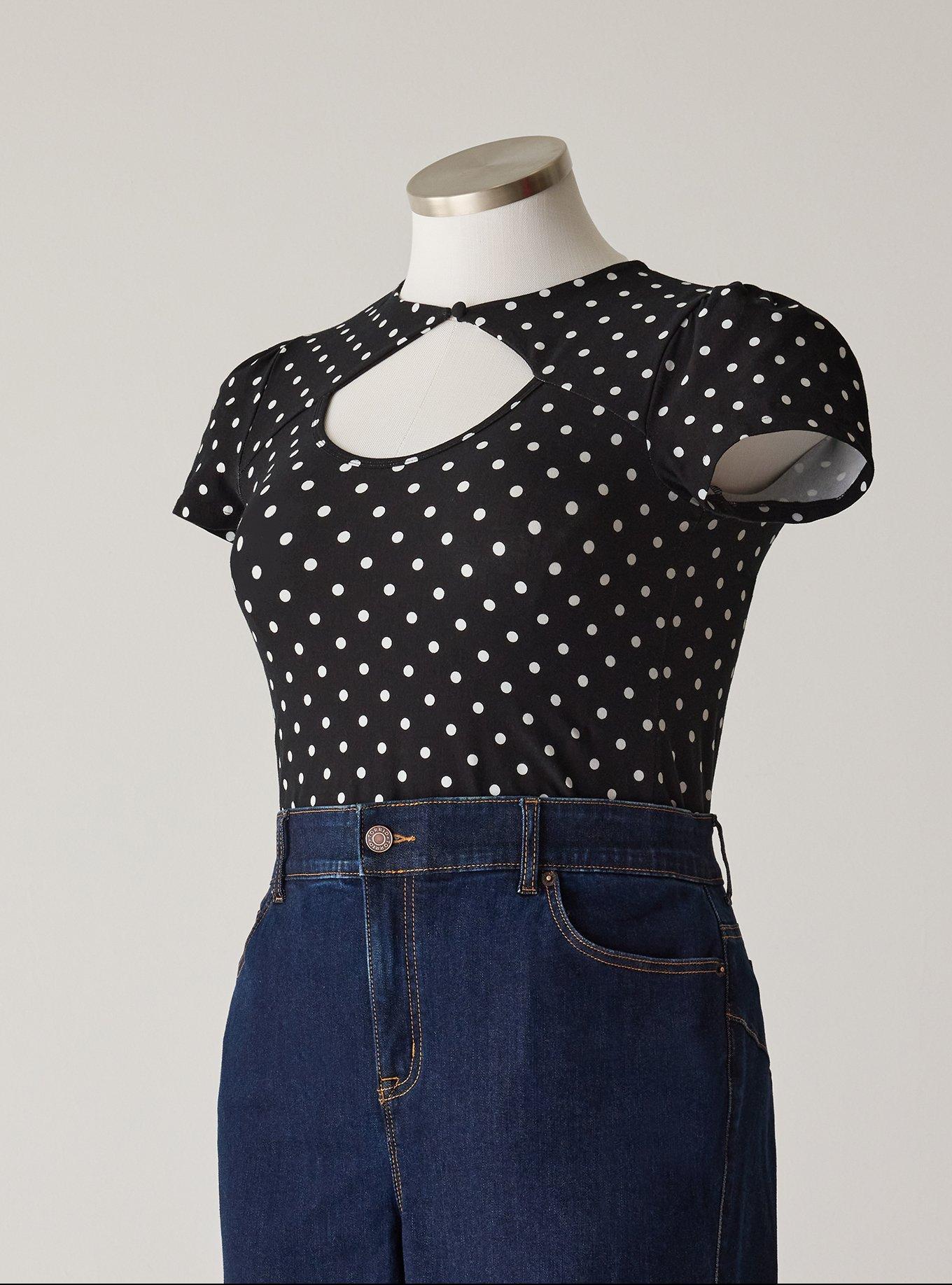 Retro Chic Button Neck Foxy Top, CLOSE DOT DEEP BLACK, hi-res