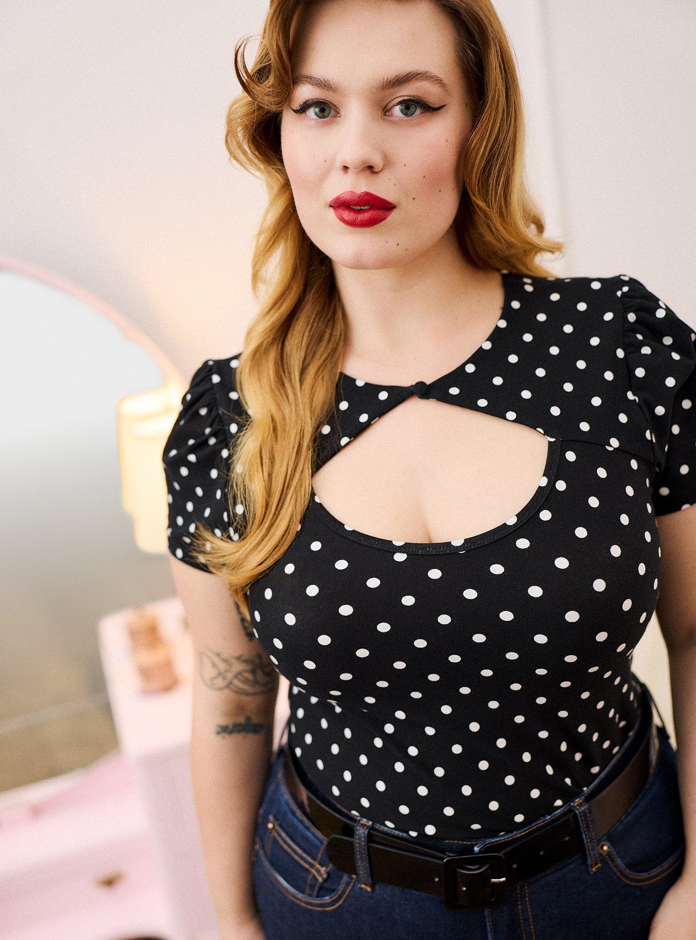 Retro Chic Button Neck Foxy Top, CLOSE DOT DEEP BLACK, hi-res