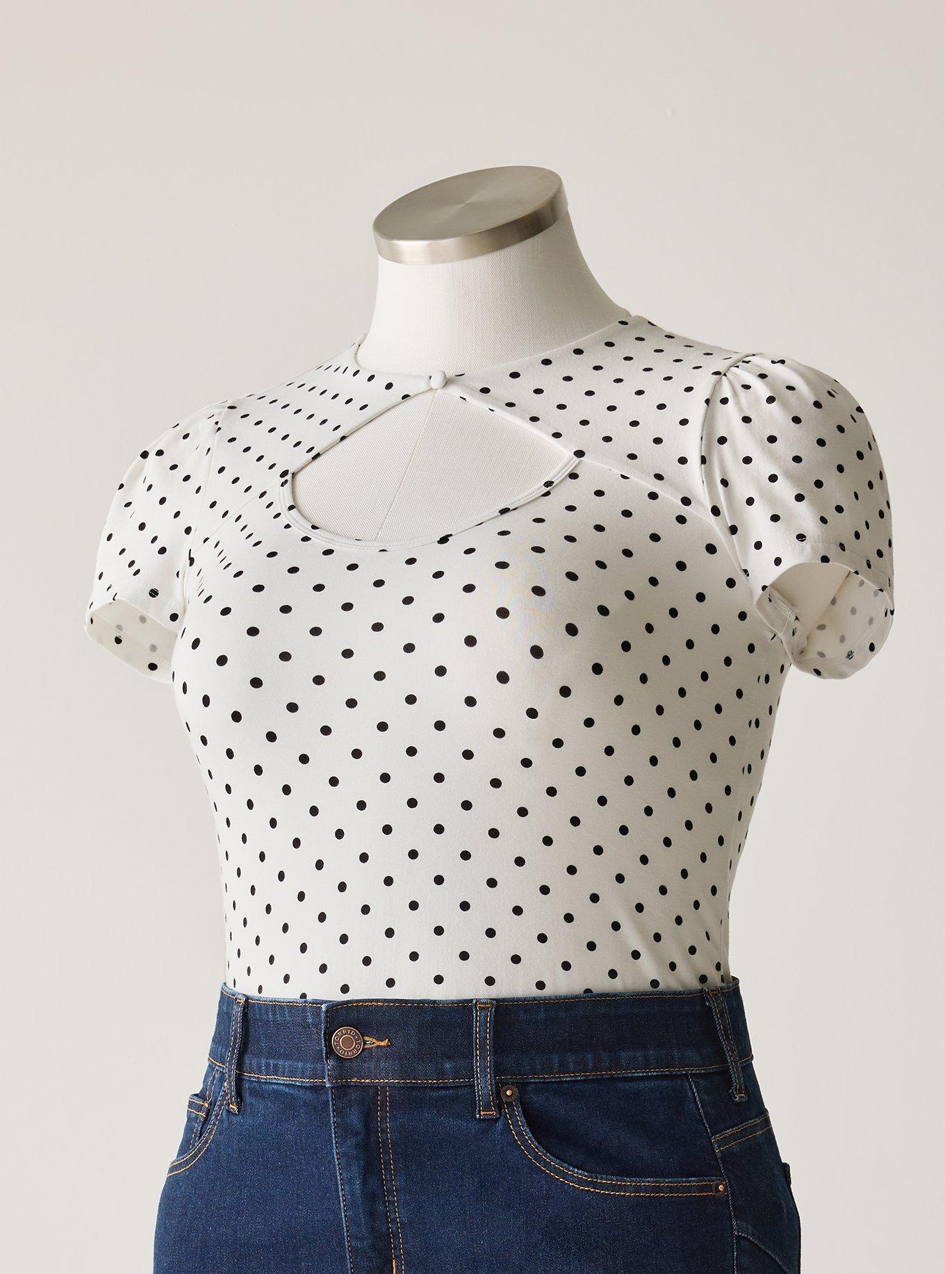 Retro Chic Button Neck Foxy Top, DOTTIE DOTS WHITE, hi-res
