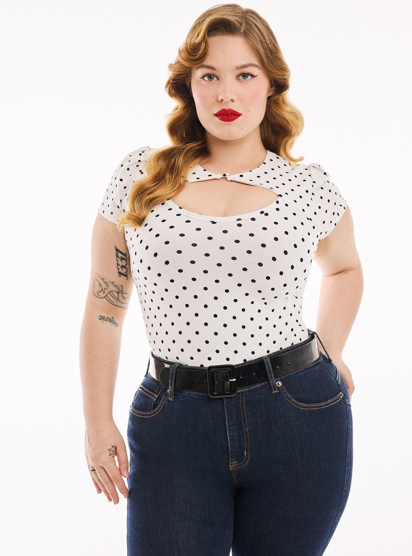 Retro Chic Button Neck Foxy Top, DOTTIE DOTS WHITE, hi-res