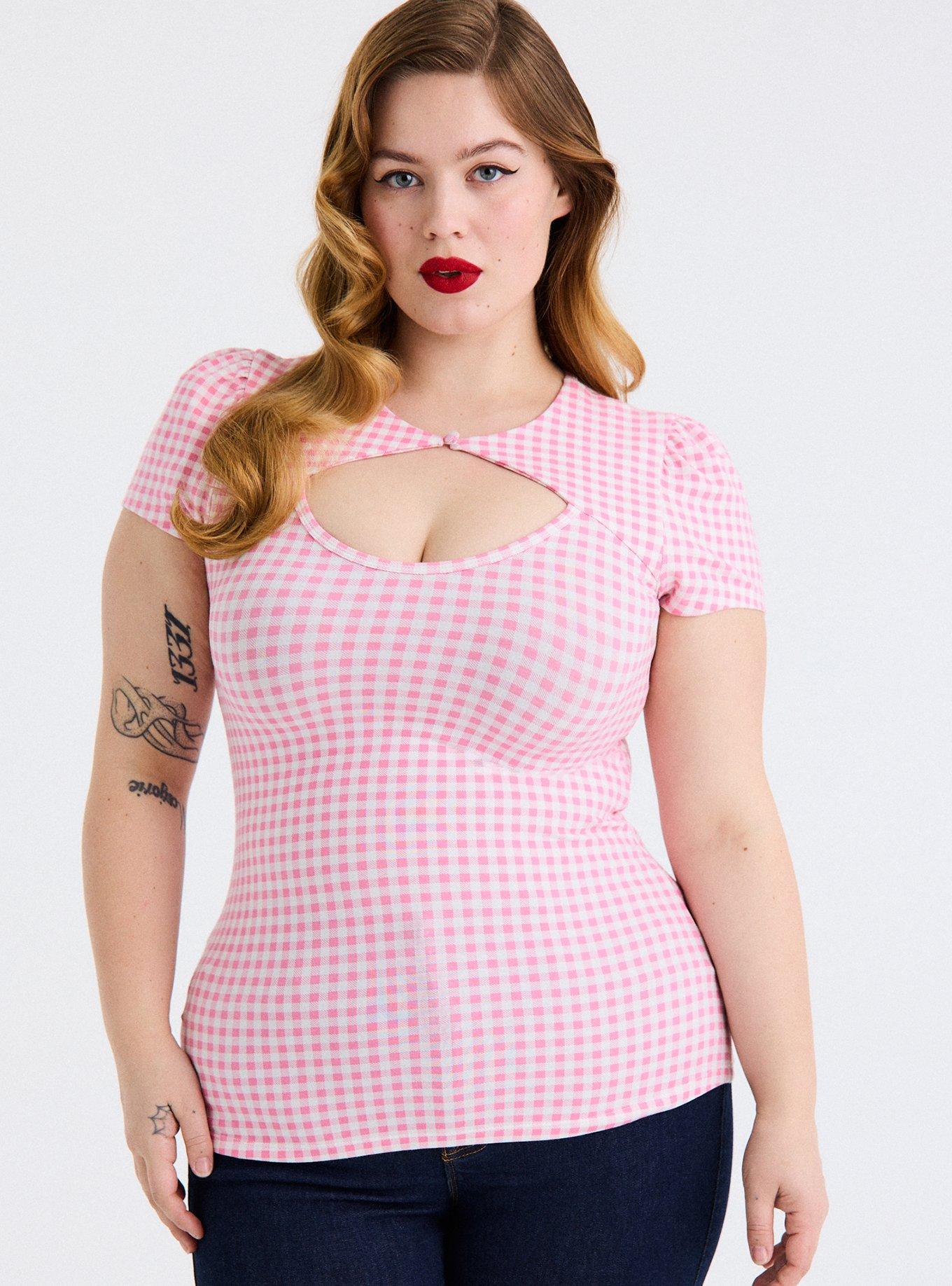 Retro Chic Button Neck Foxy Top, SOPHIE GINGHAM PINK, alternate