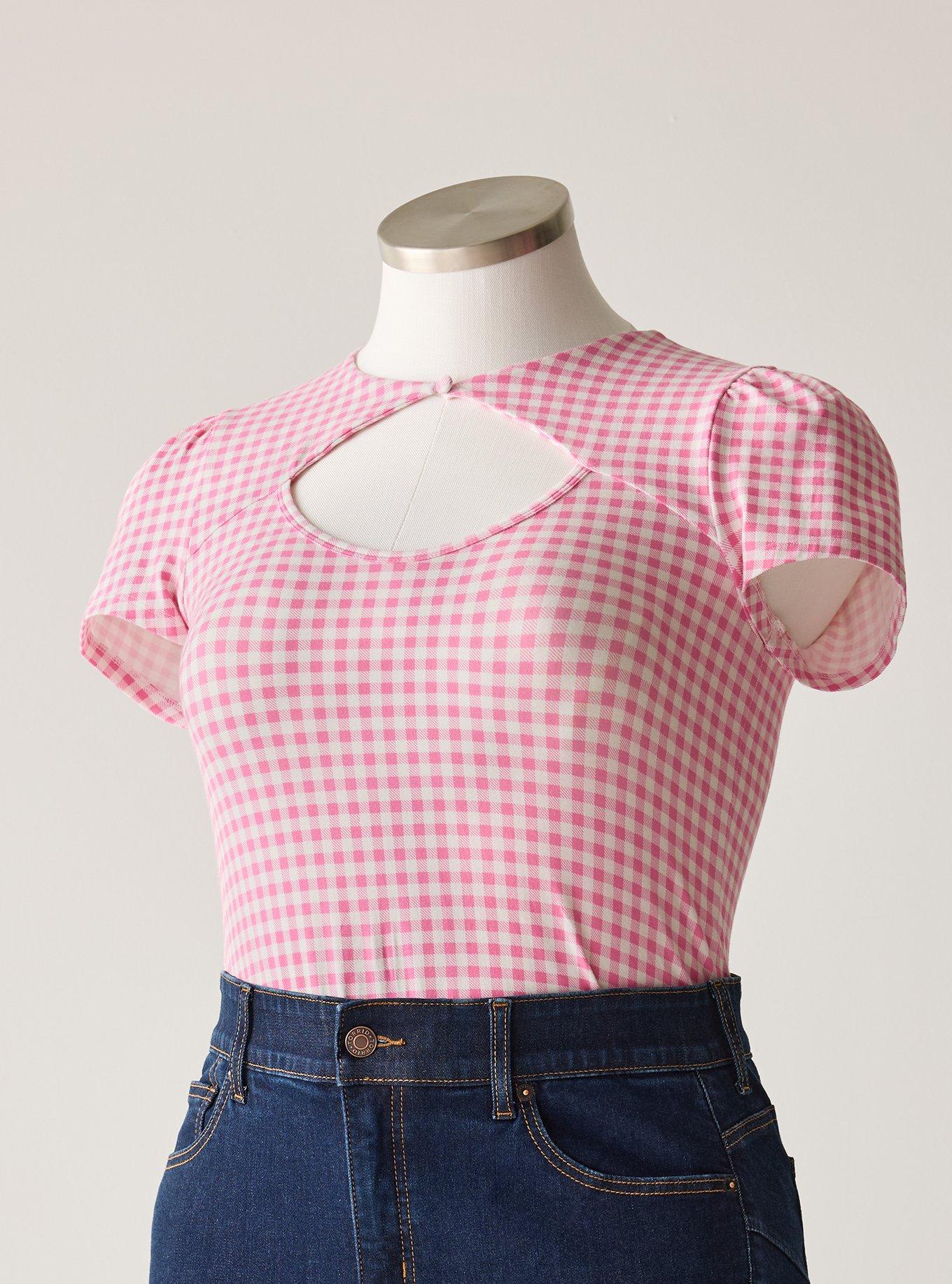 Retro Chic Button Neck Foxy Top, SOPHIE GINGHAM PINK, hi-res