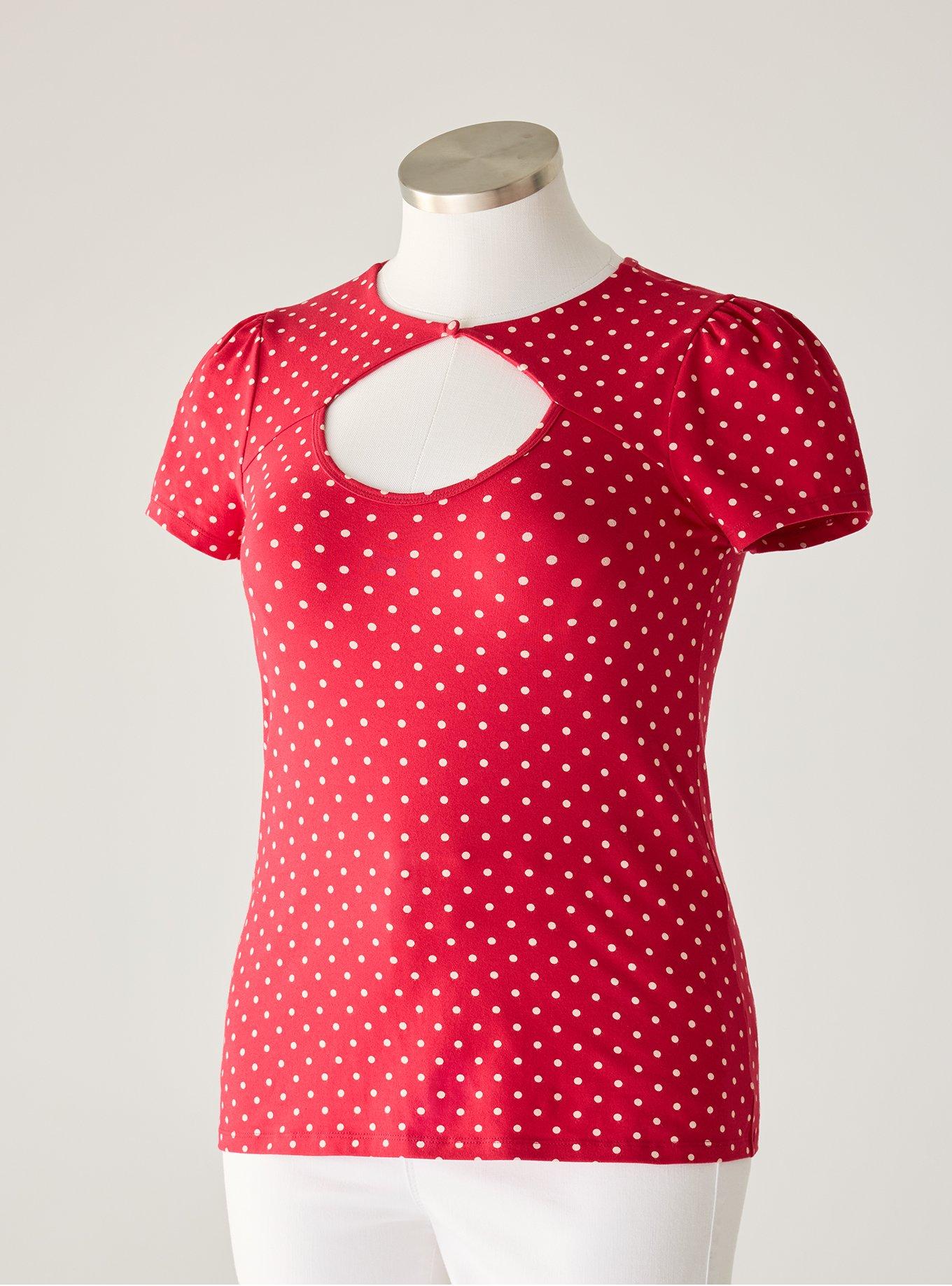 Retro Chic Foxy Button Neck Top, COMMIT DOT RED, flat