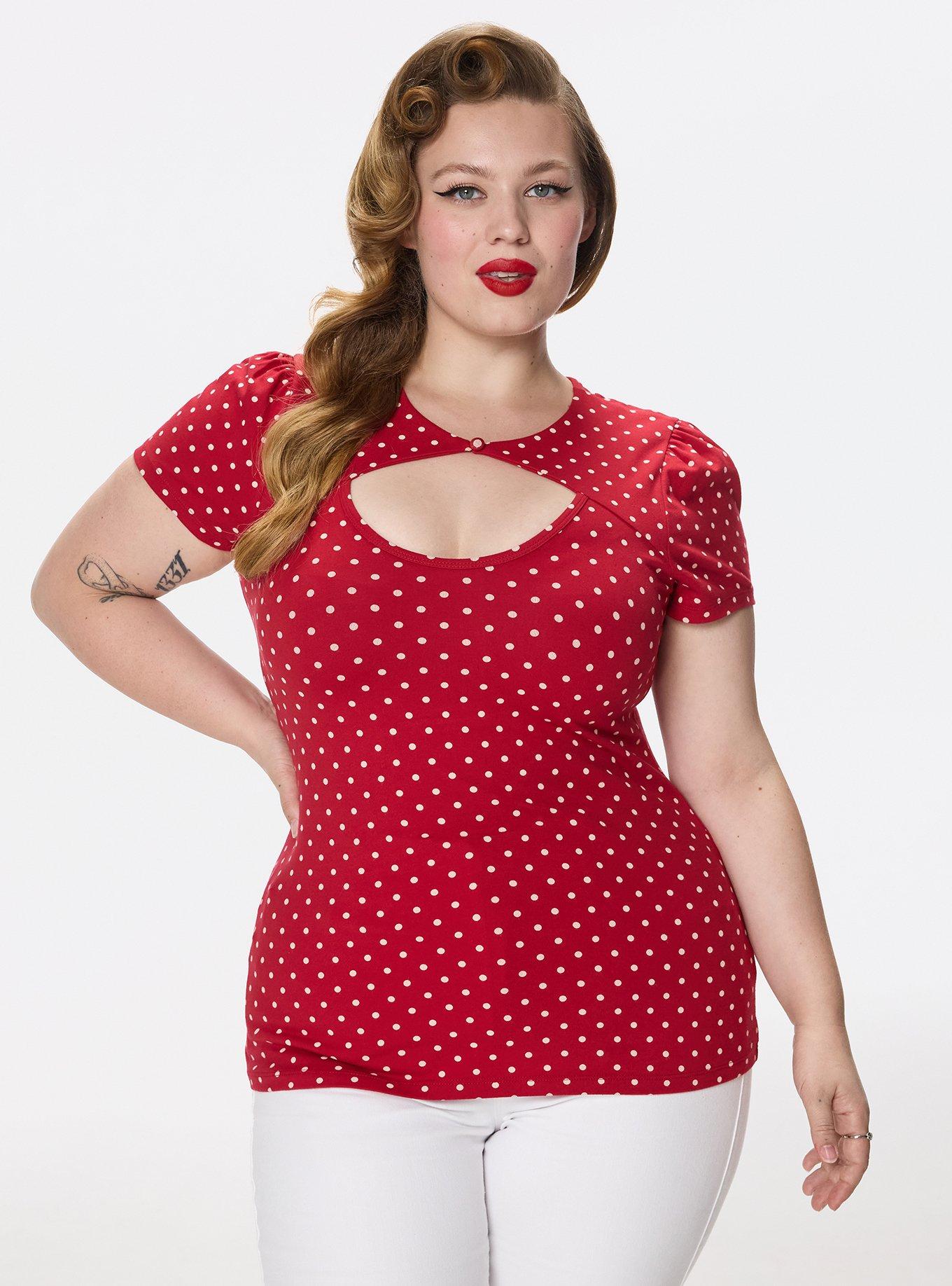 Retro Chic Foxy Button Neck Top, COMMIT DOT RED, hi-res