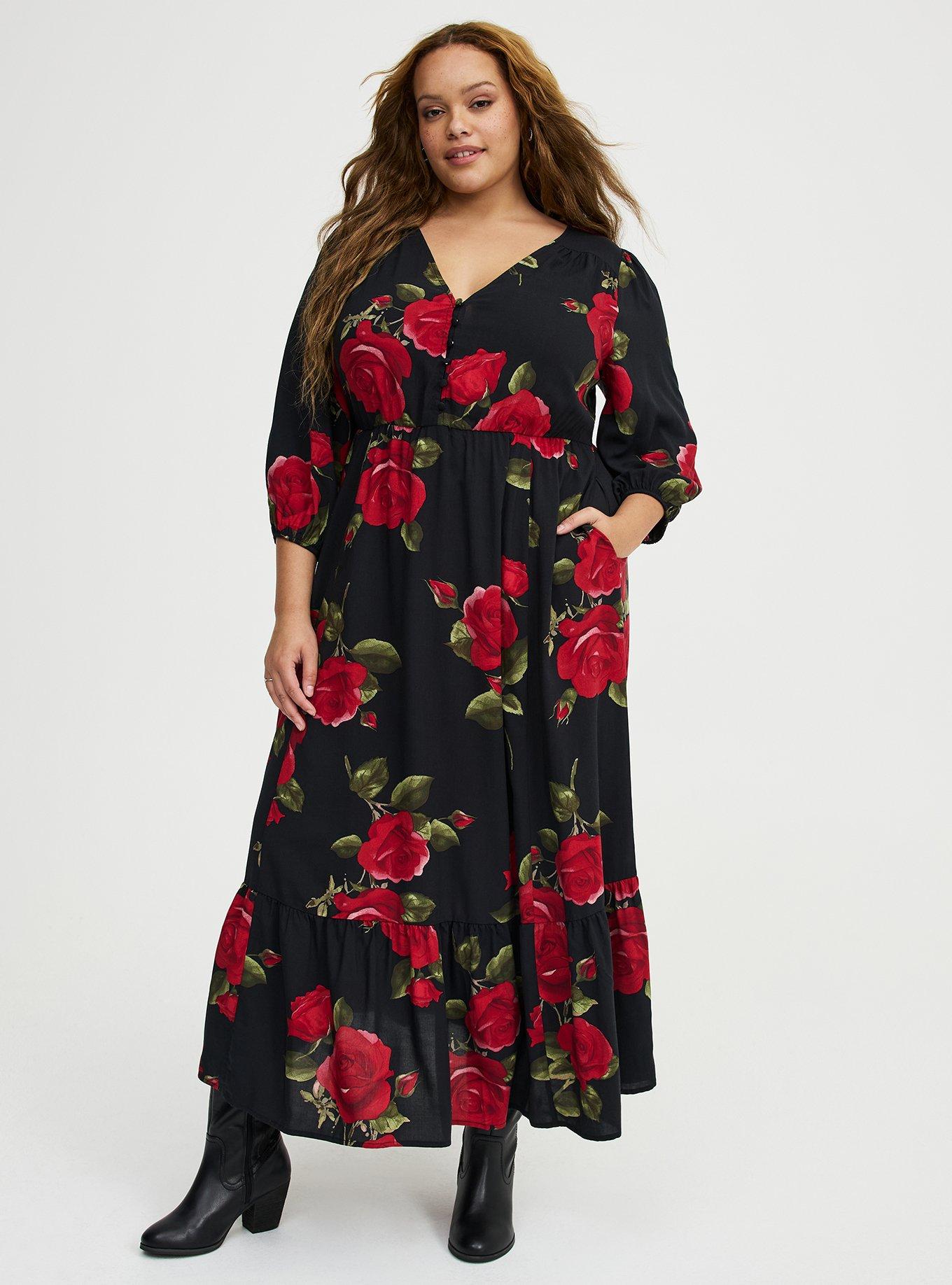 Button Front Maxi Dress, ENCORE ROSES FLORAL BLACK, alternate