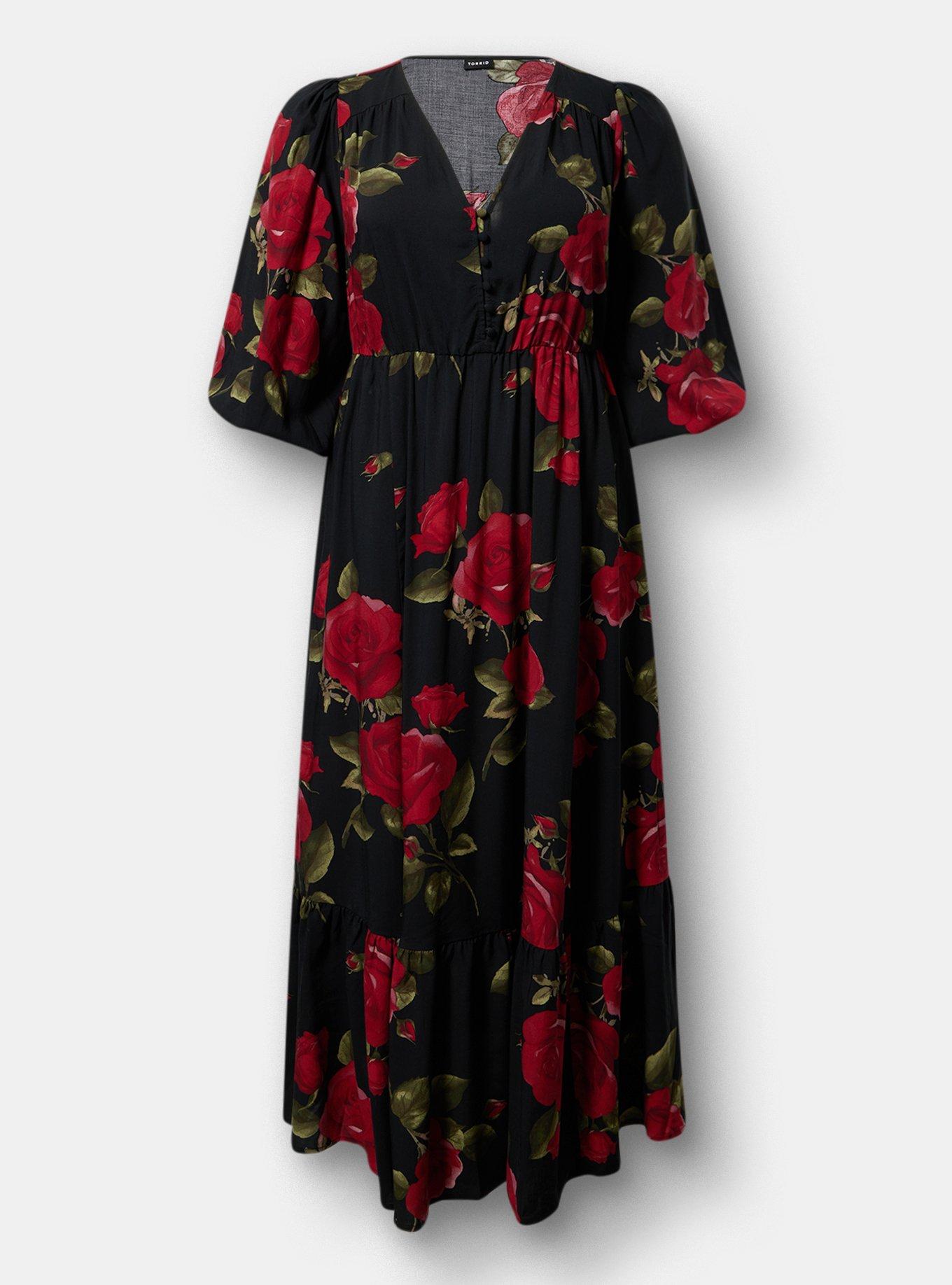 Button Front Maxi Dress, ENCORE ROSES FLORAL BLACK, hi-res