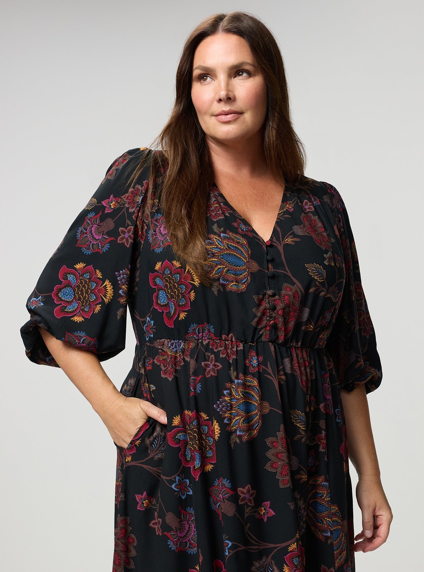 Plus Size Button Front Maxi Dress, JUNIPER JACOBEAN MULTI, alternate