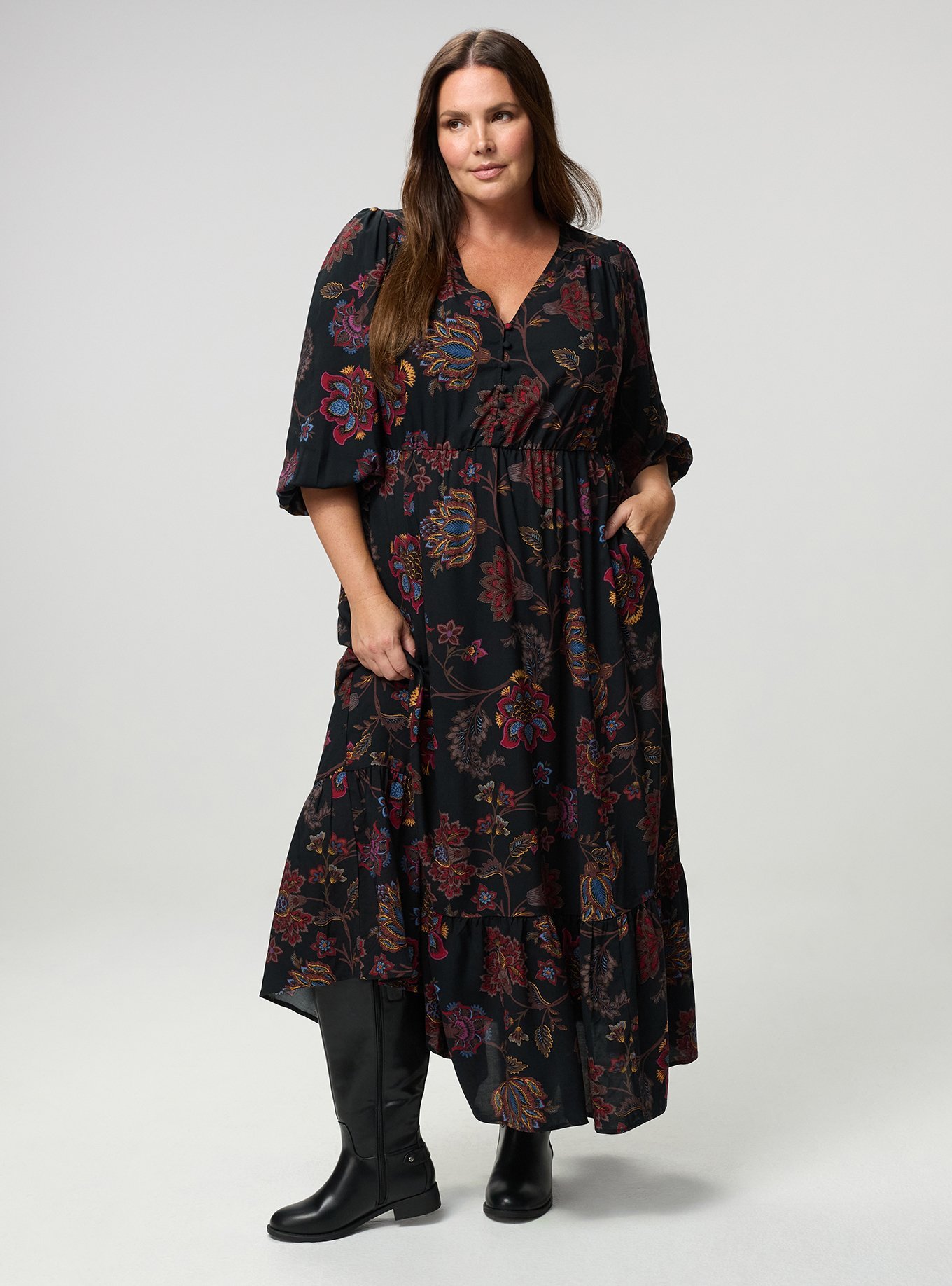Plus Size Button Front Maxi Dress, JUNIPER JACOBEAN MULTI, hi-res