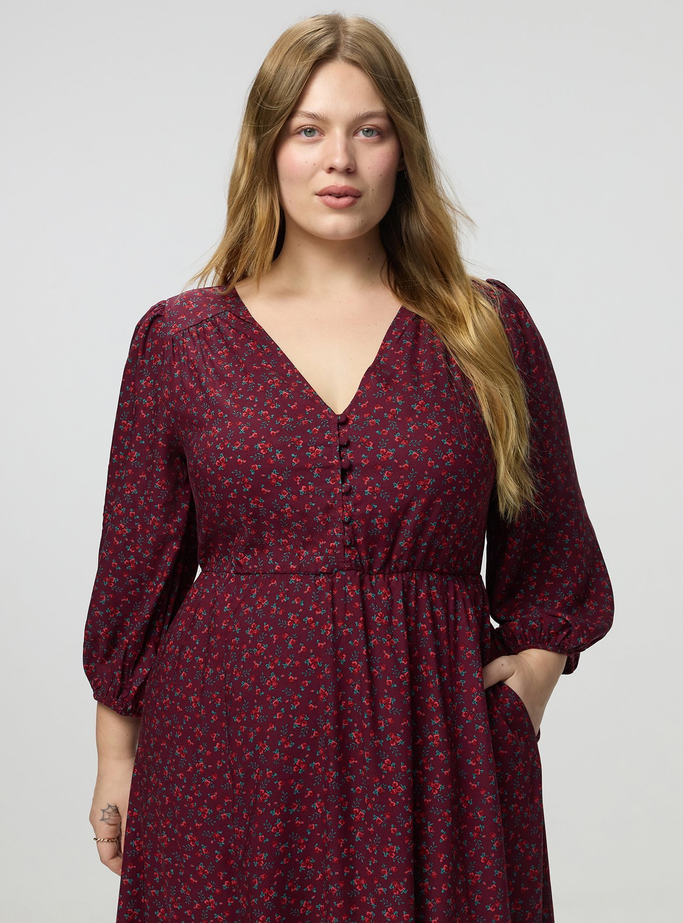 Plus Size Button Front Maxi Dress, DITSY BURST FLORAL BURGUNDY, alternate