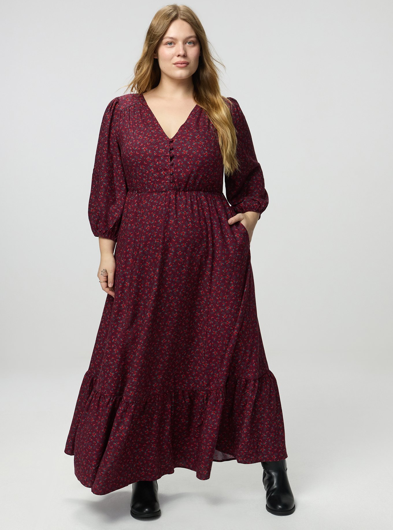 Plus Size Button Front Maxi Dress, DITSY BURST FLORAL BURGUNDY, alternate
