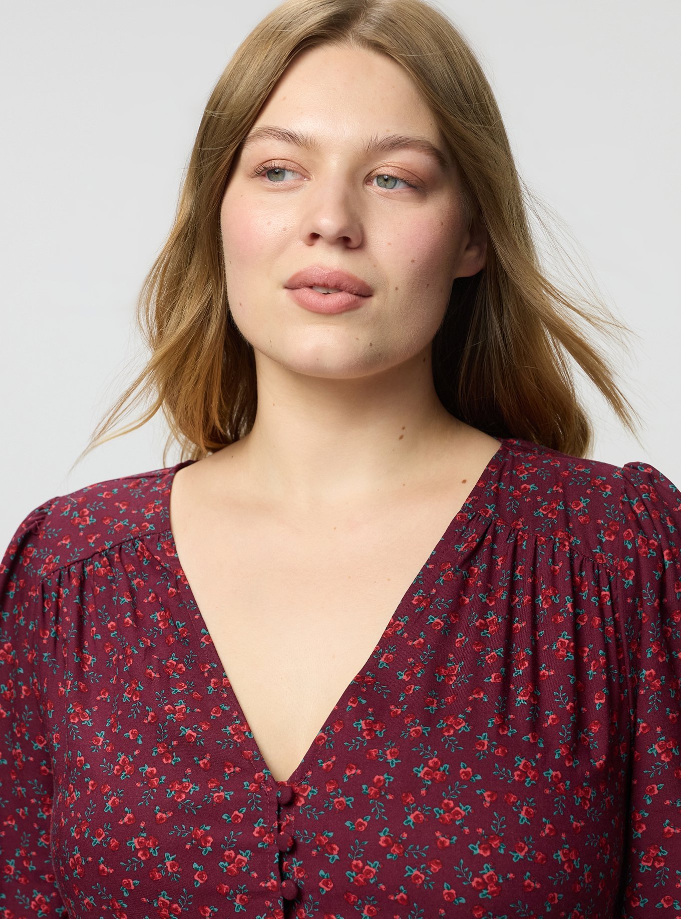 Plus Size Button Front Maxi Dress, DITSY BURST FLORAL BURGUNDY, alternate