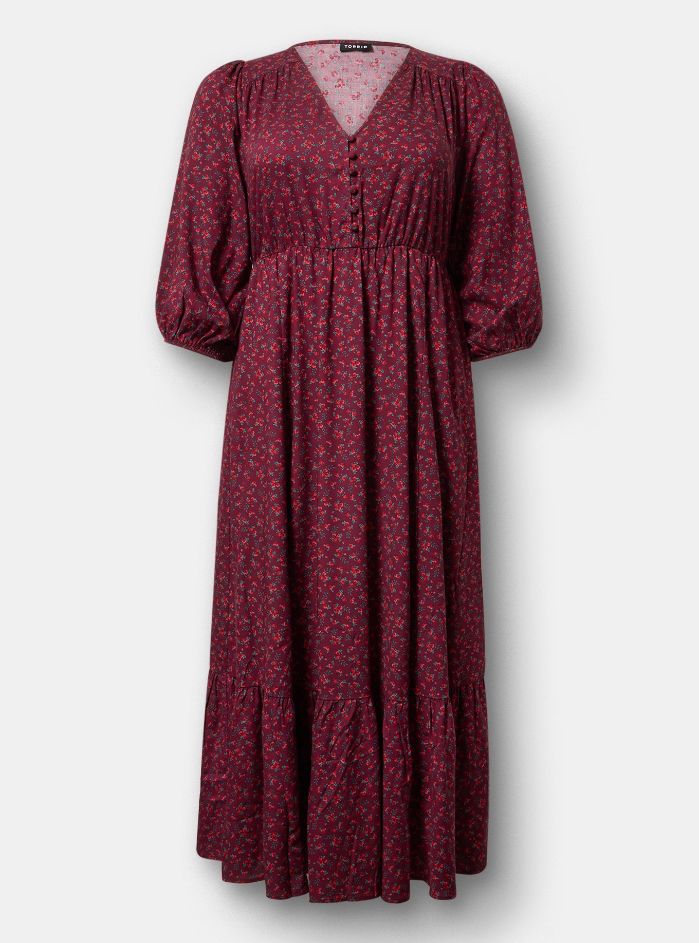 Plus Size Button Front Maxi Dress, DITSY BURST FLORAL BURGUNDY, hi-res