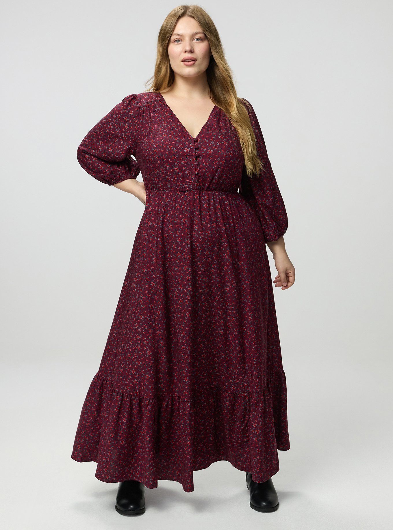 Plus Size Button Front Maxi Dress, DITSY BURST FLORAL BURGUNDY, hi-res