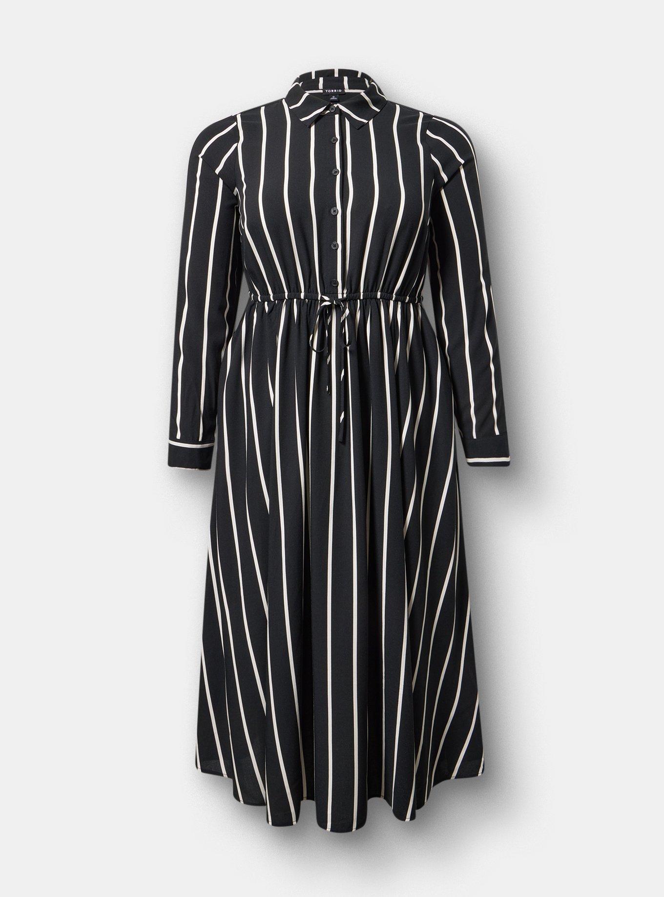 Collared Tea Length Shirt Dress, RAIL STRIPE DEEP BLACK, hi-res