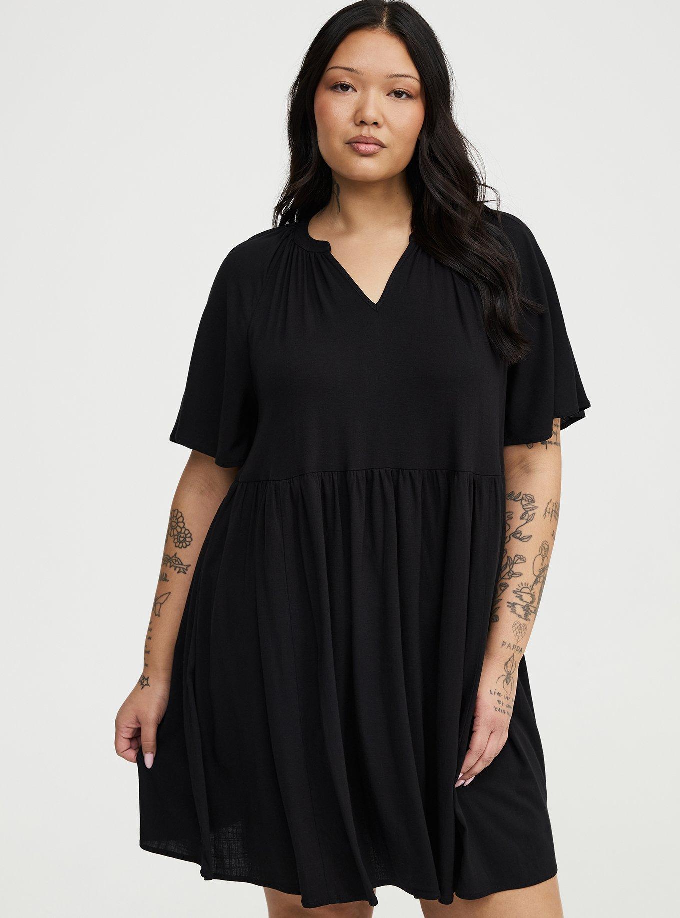 Flutter Sleeve Babydoll Mini Dress, DEEP BLACK, hi-res