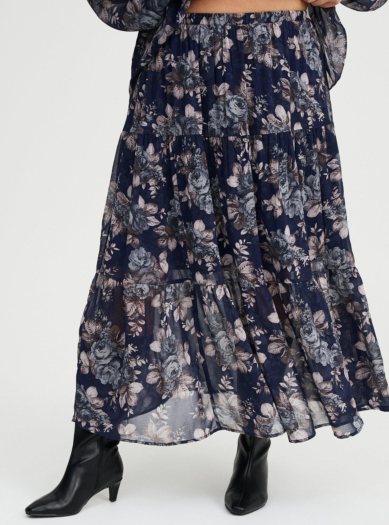 Chiffon Tiered Maxi Skirt, MOUNTAIN ROSES FLORAL NAVY, alternate