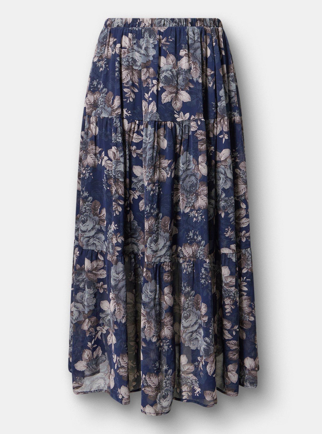Chiffon Tiered Maxi Skirt, MOUNTAIN ROSES FLORAL NAVY, hi-res