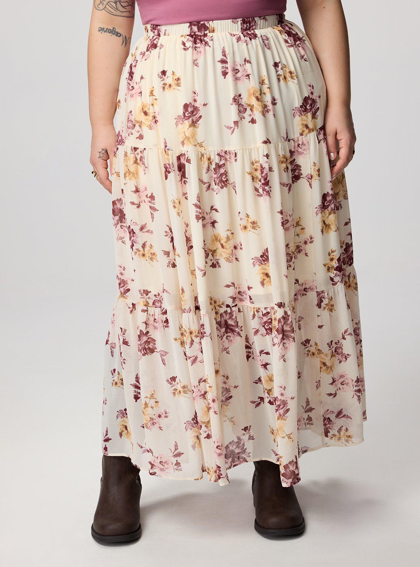 Plus Size Chiffon Tiered Maxi Skirt, ROSEY LIGHT FLORAL IVORY, alternate
