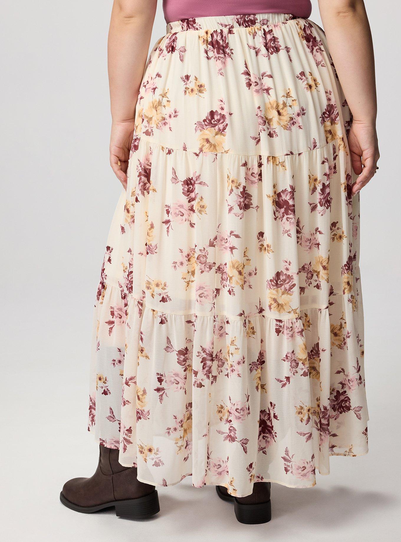 Plus Size Chiffon Tiered Maxi Skirt, ROSEY LIGHT FLORAL IVORY, alternate
