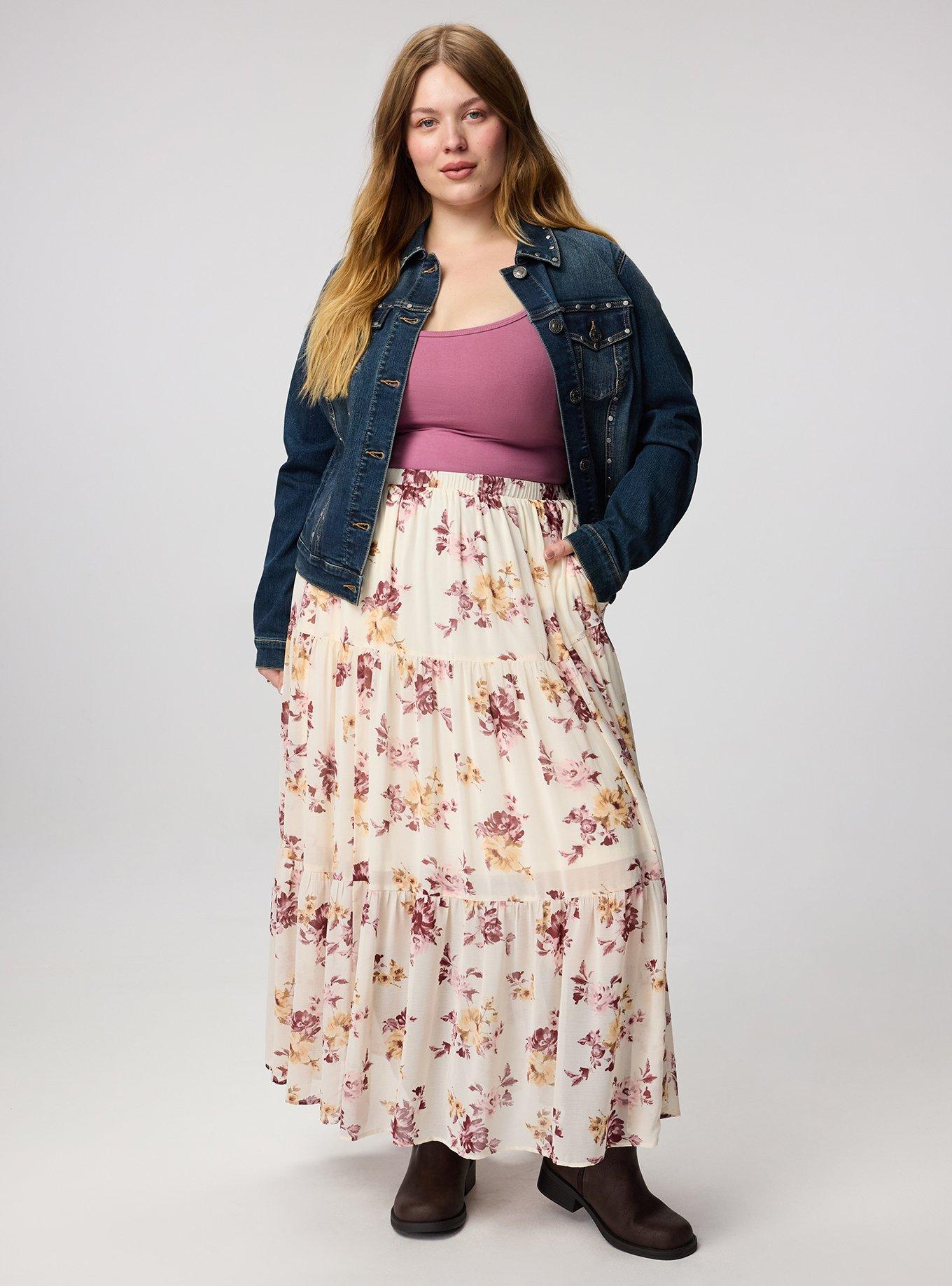 Plus Size Chiffon Tiered Maxi Skirt, ROSEY LIGHT FLORAL IVORY, alternate