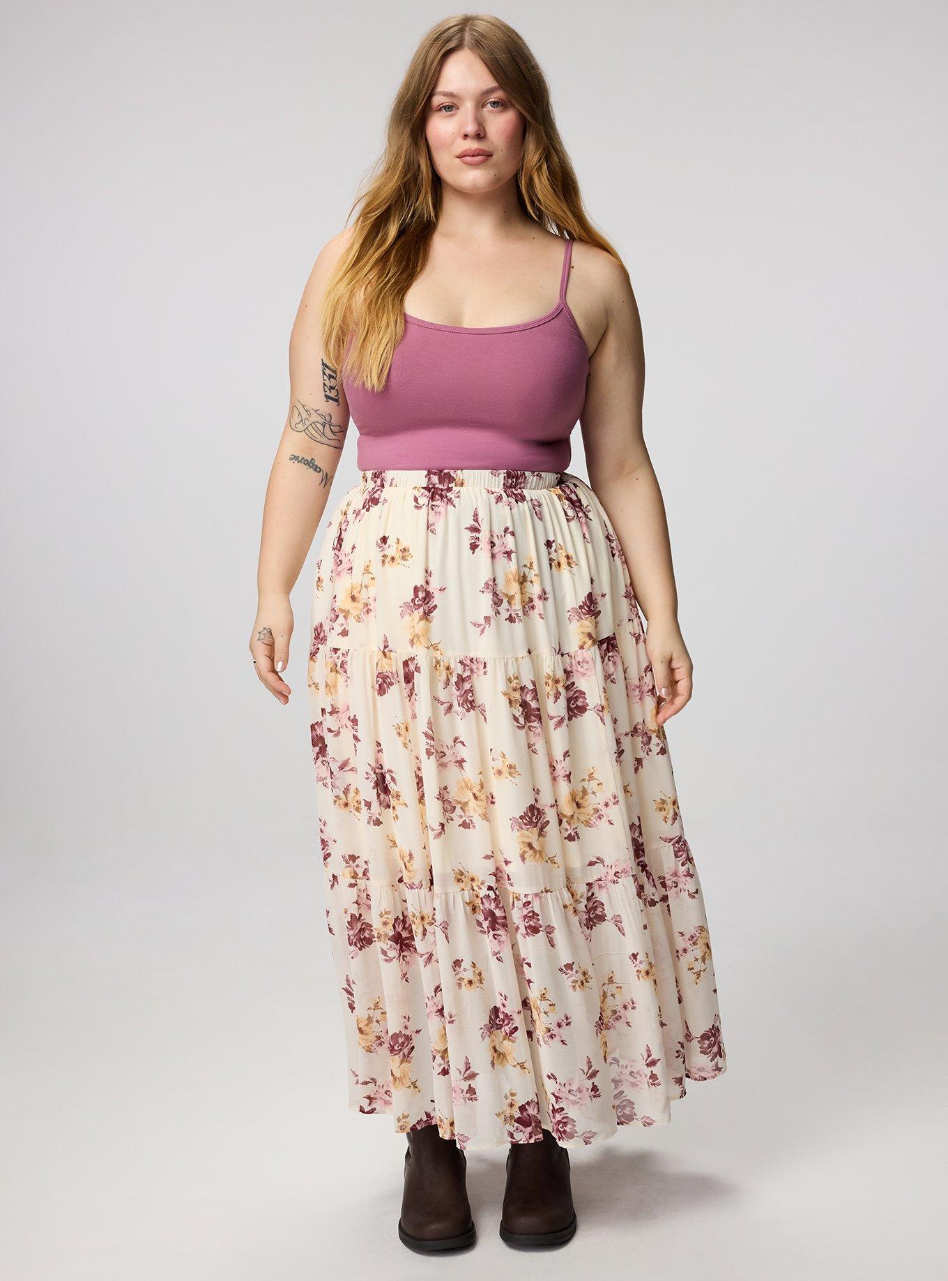 Plus Size Chiffon Tiered Maxi Skirt, ROSEY LIGHT FLORAL IVORY, alternate