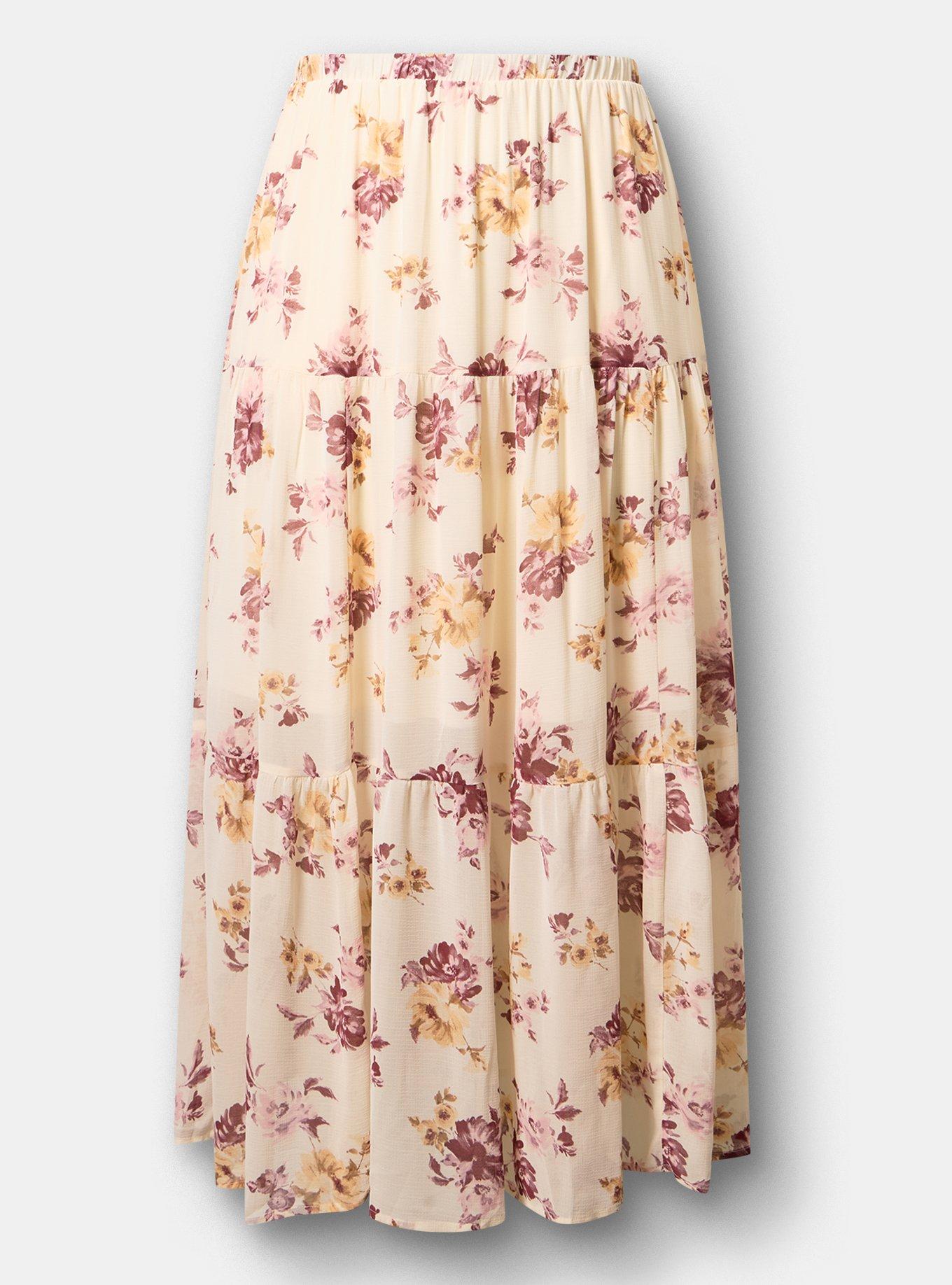 Plus Size Chiffon Tiered Maxi Skirt, ROSEY LIGHT FLORAL IVORY, flat