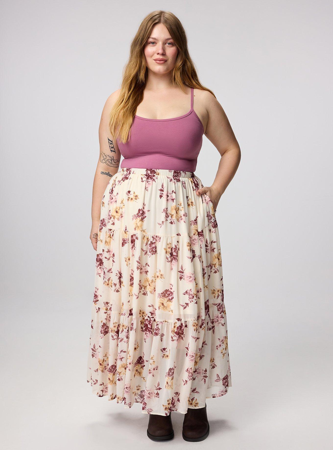 Plus Size Chiffon Tiered Maxi Skirt, ROSEY LIGHT FLORAL IVORY, hi-res