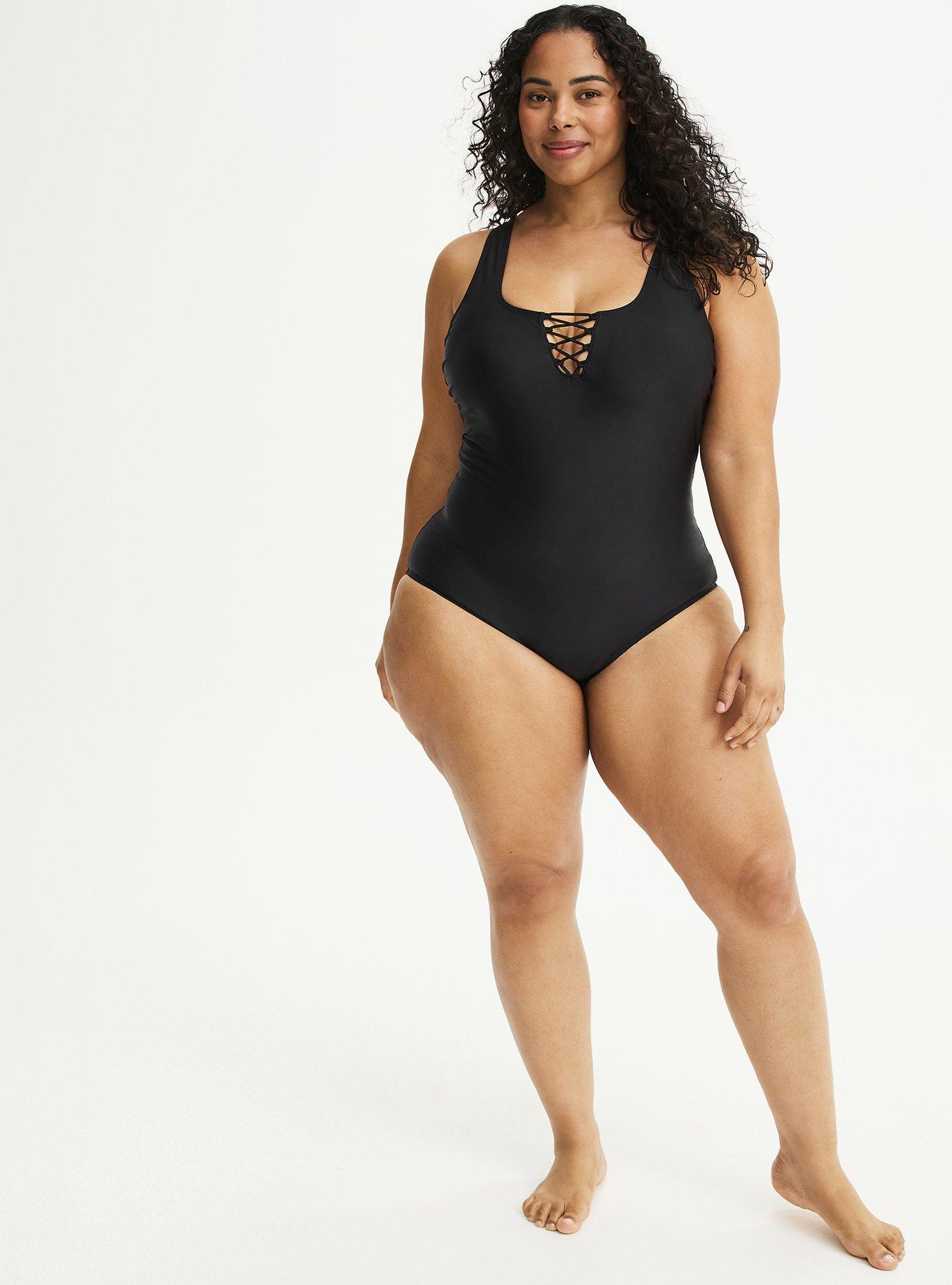 Wireless Square Neck Lace-Up One Piece, DEEP BLACK, alternate