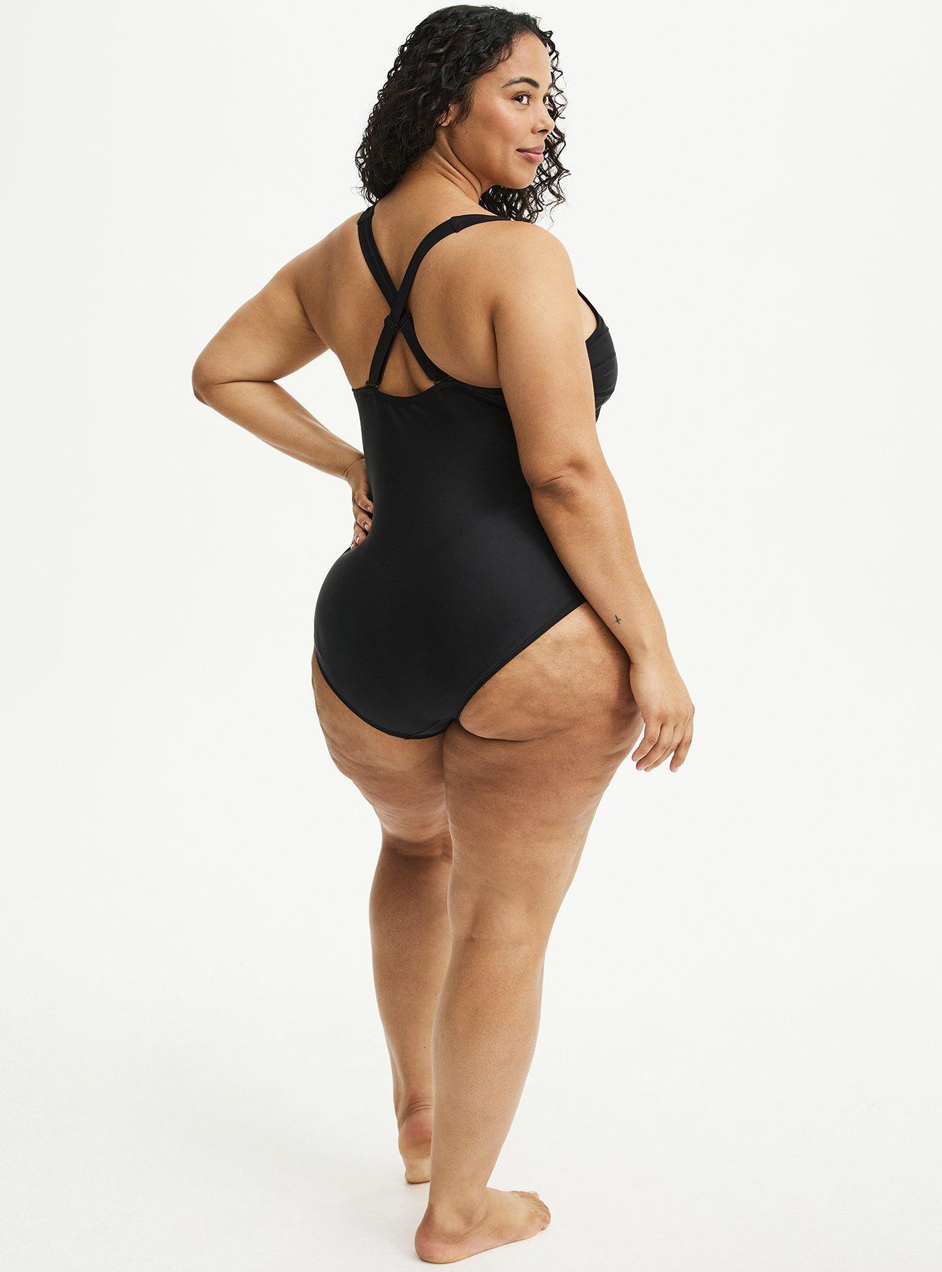 Wireless Square Neck Lace-Up One Piece, DEEP BLACK, alternate