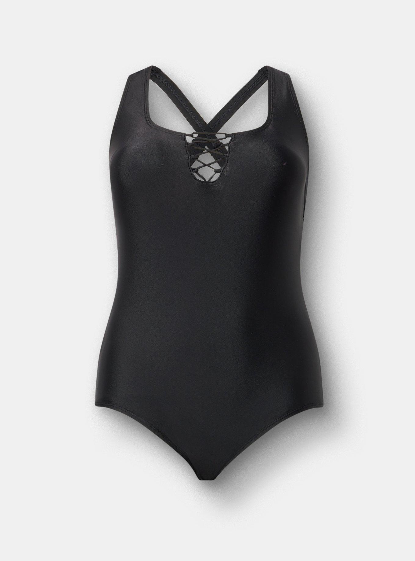 Wireless Square Neck Lace-Up One Piece, DEEP BLACK, hi-res