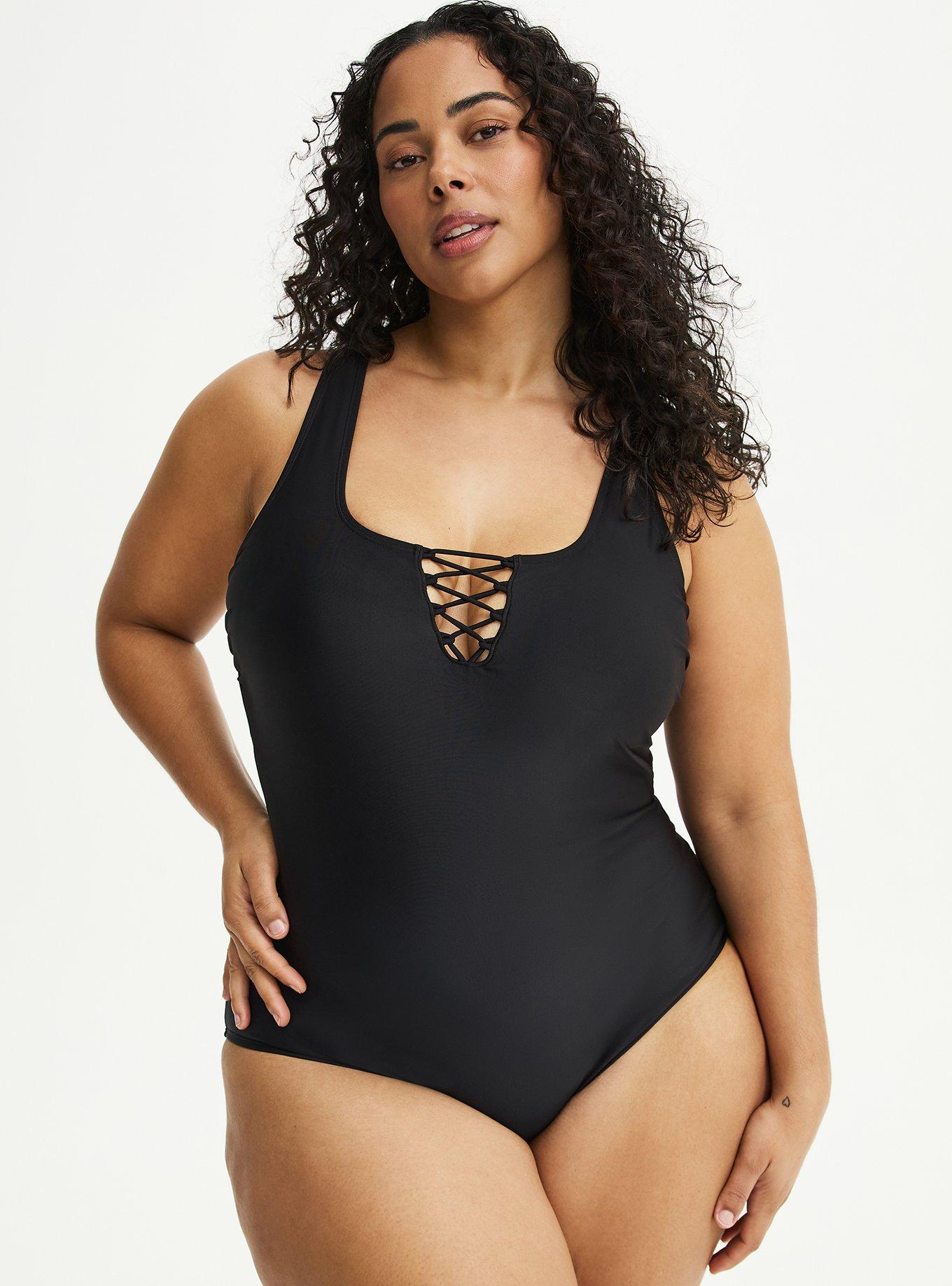 Wireless Square Neck Lace-Up One Piece, DEEP BLACK, hi-res