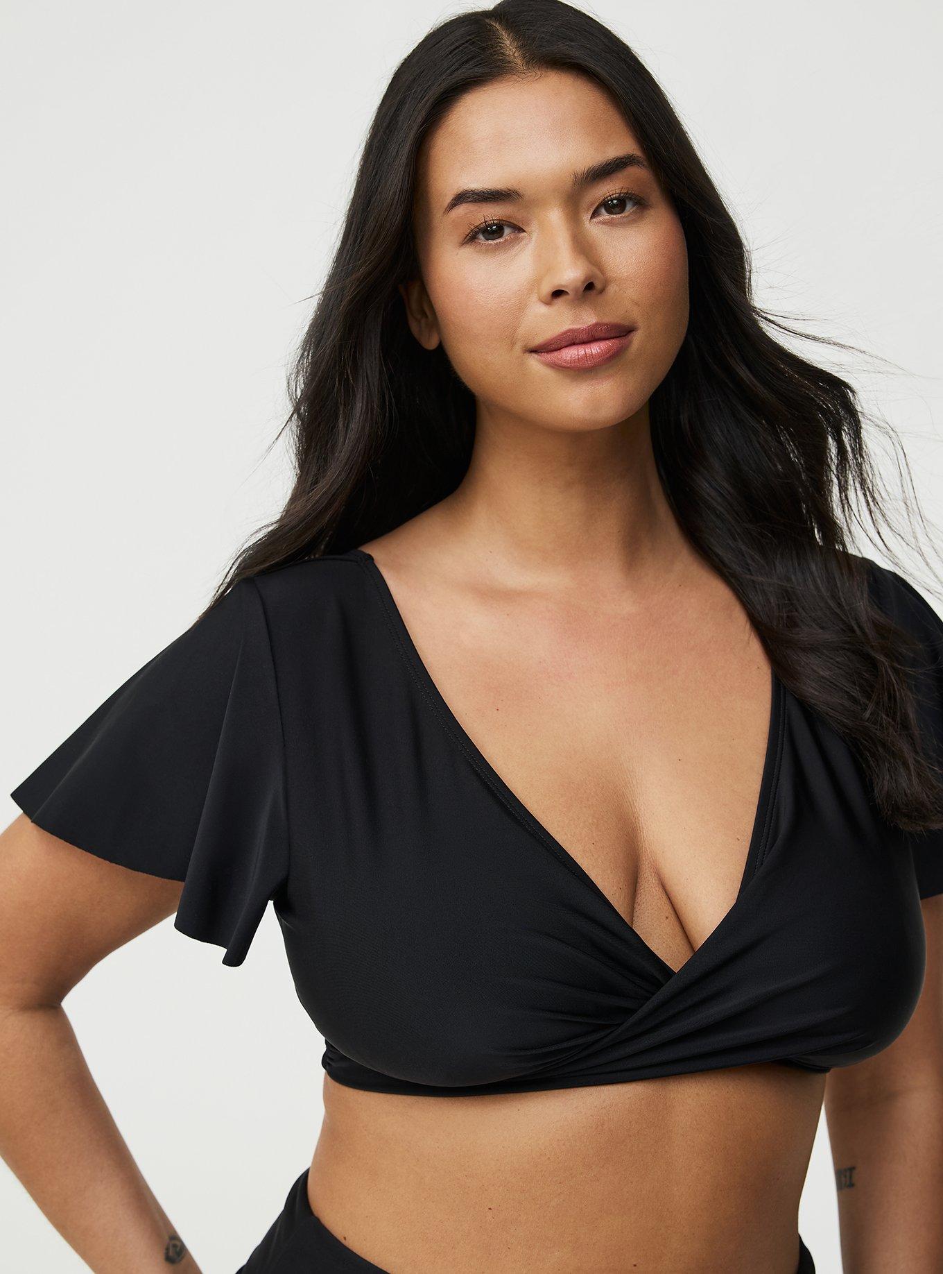 Flutter Sleeve Wrap Swim Top, DEEP BLACK, alternate