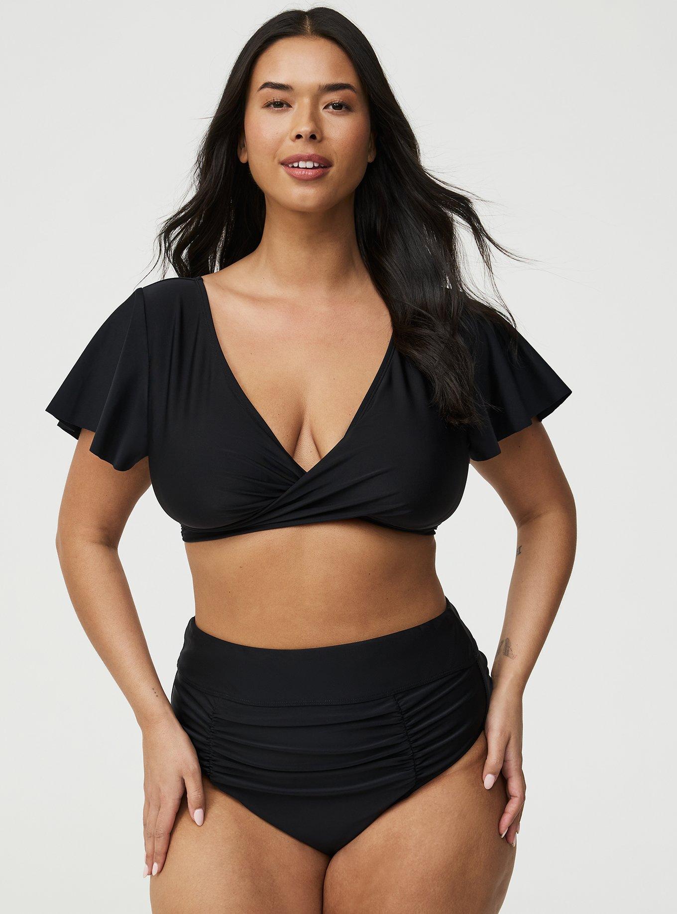 Flutter Sleeve Wrap Swim Top, DEEP BLACK, hi-res