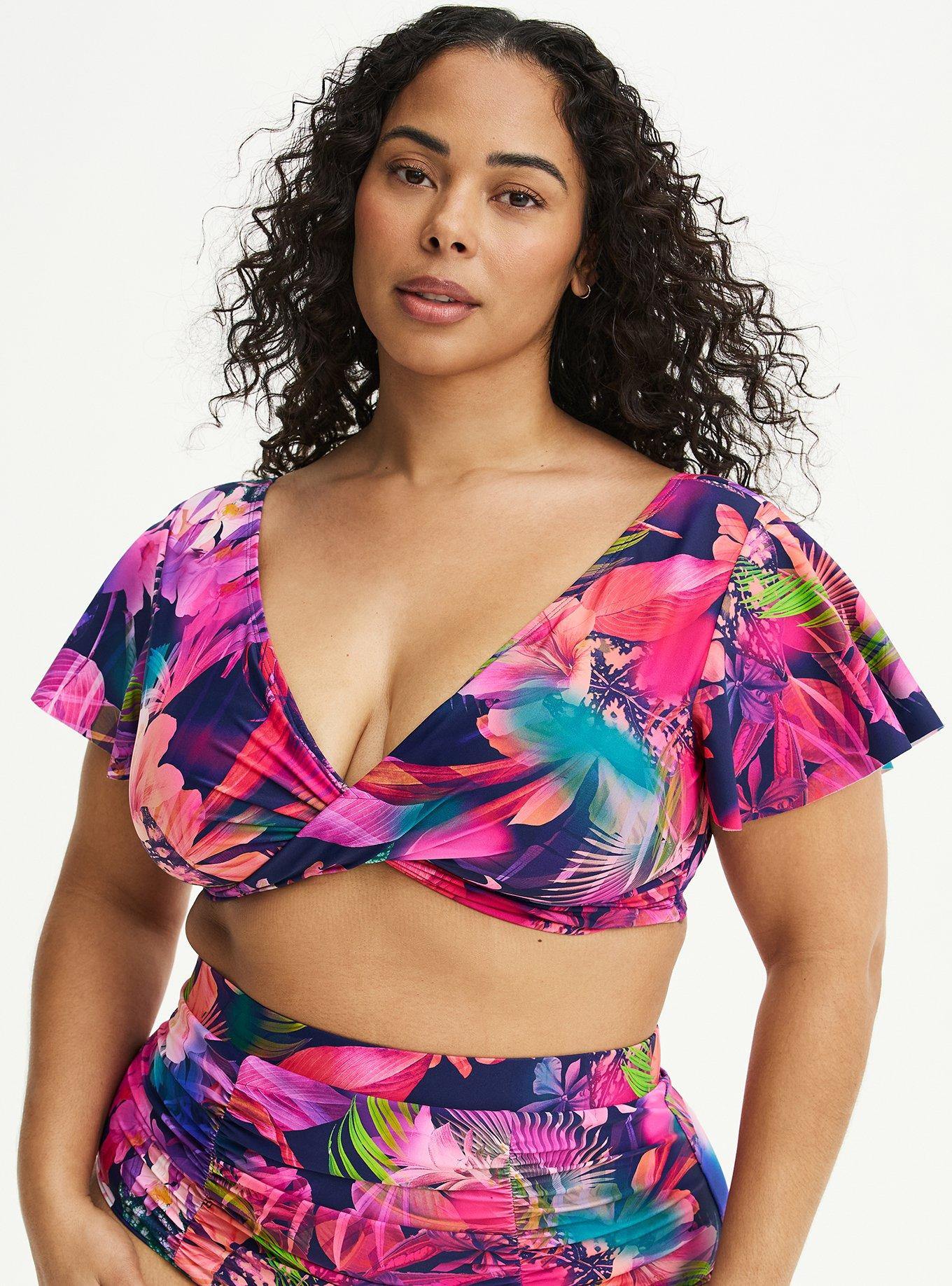 Flutter Sleeve Wrap Swim Top, MULTI LEAVES FLORAL BLUE, alternate