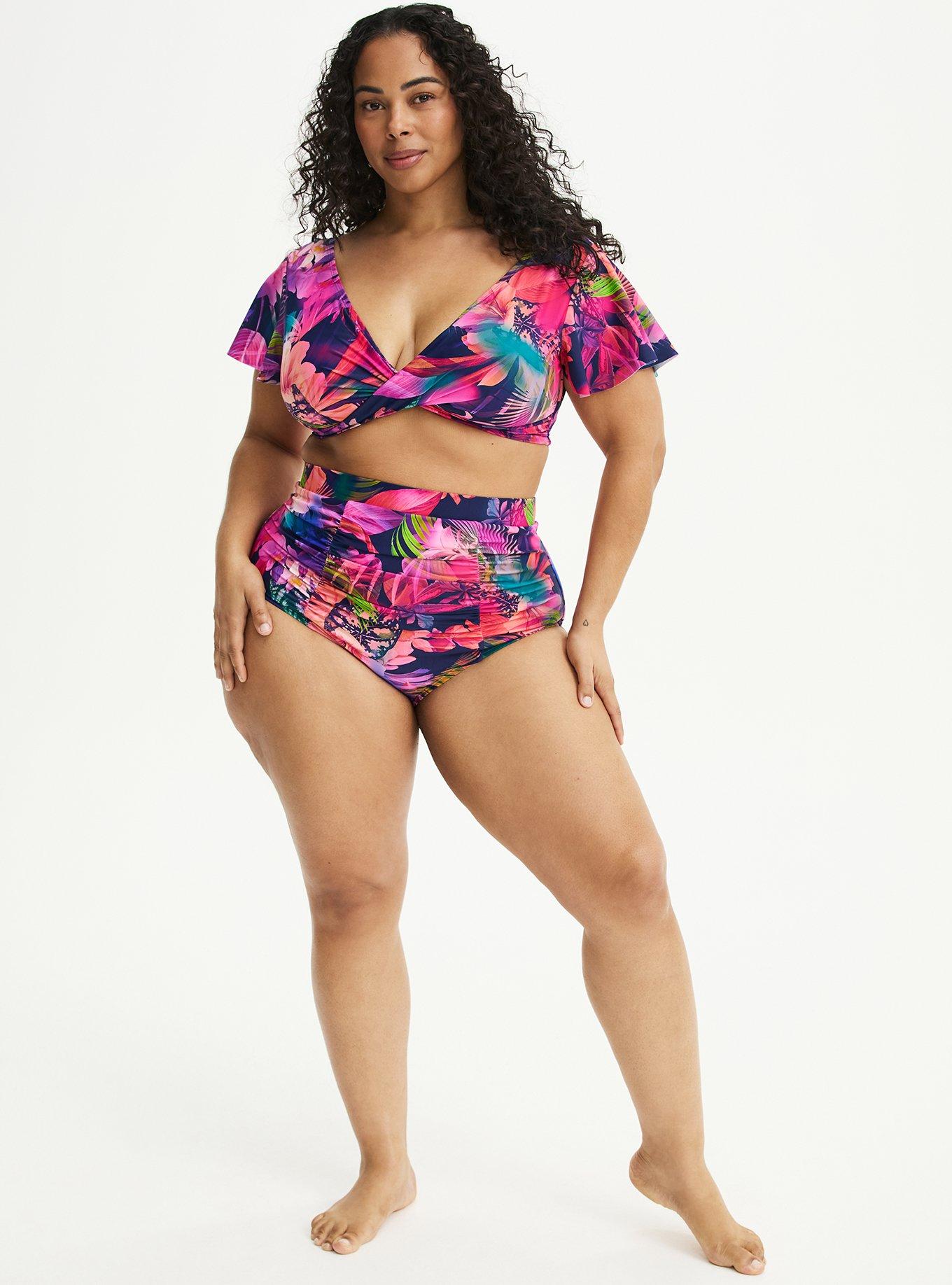 Flutter Sleeve Wrap Swim Top, MULTI LEAVES FLORAL BLUE, alternate